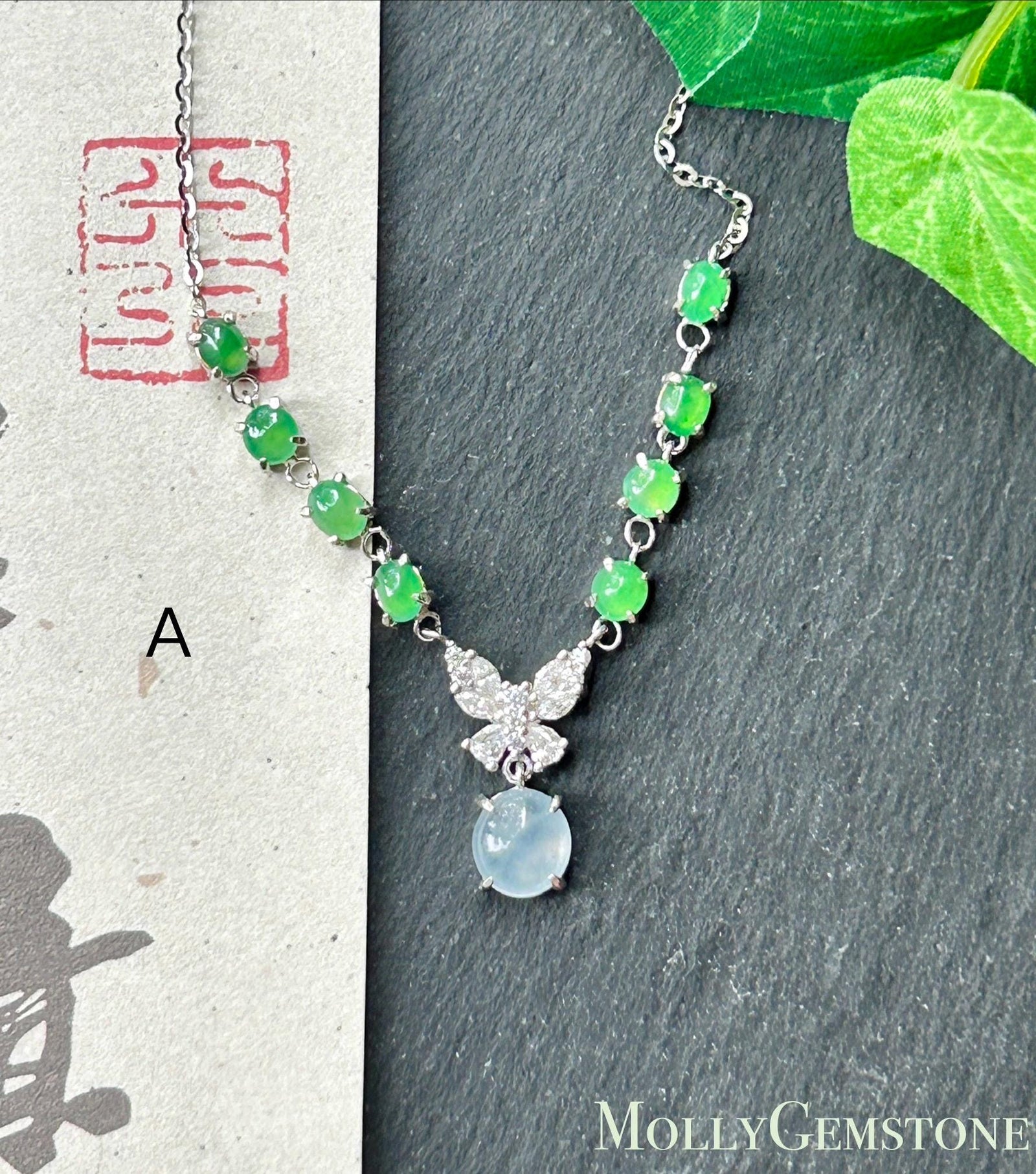 Certified Natural Jadeite Cabochon Designer Necklace, Burmese Type A Highly Translucent Icy Glacier Blue & Green Jade, 925 Sterling Silver