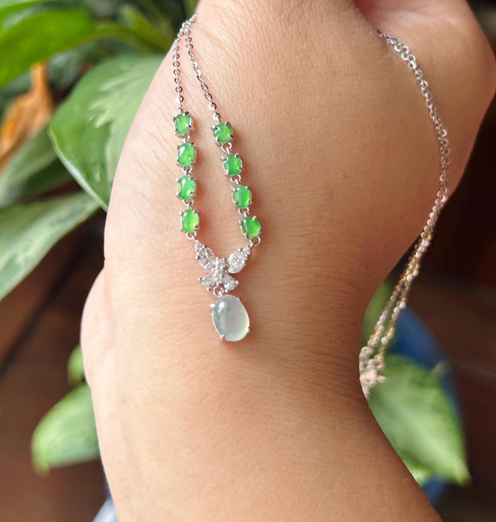 Certified Natural Jadeite Cabochon Designer Necklace, Burmese Type A Highly Translucent Icy Glacier Blue & Green Jade, 925 Sterling Silver