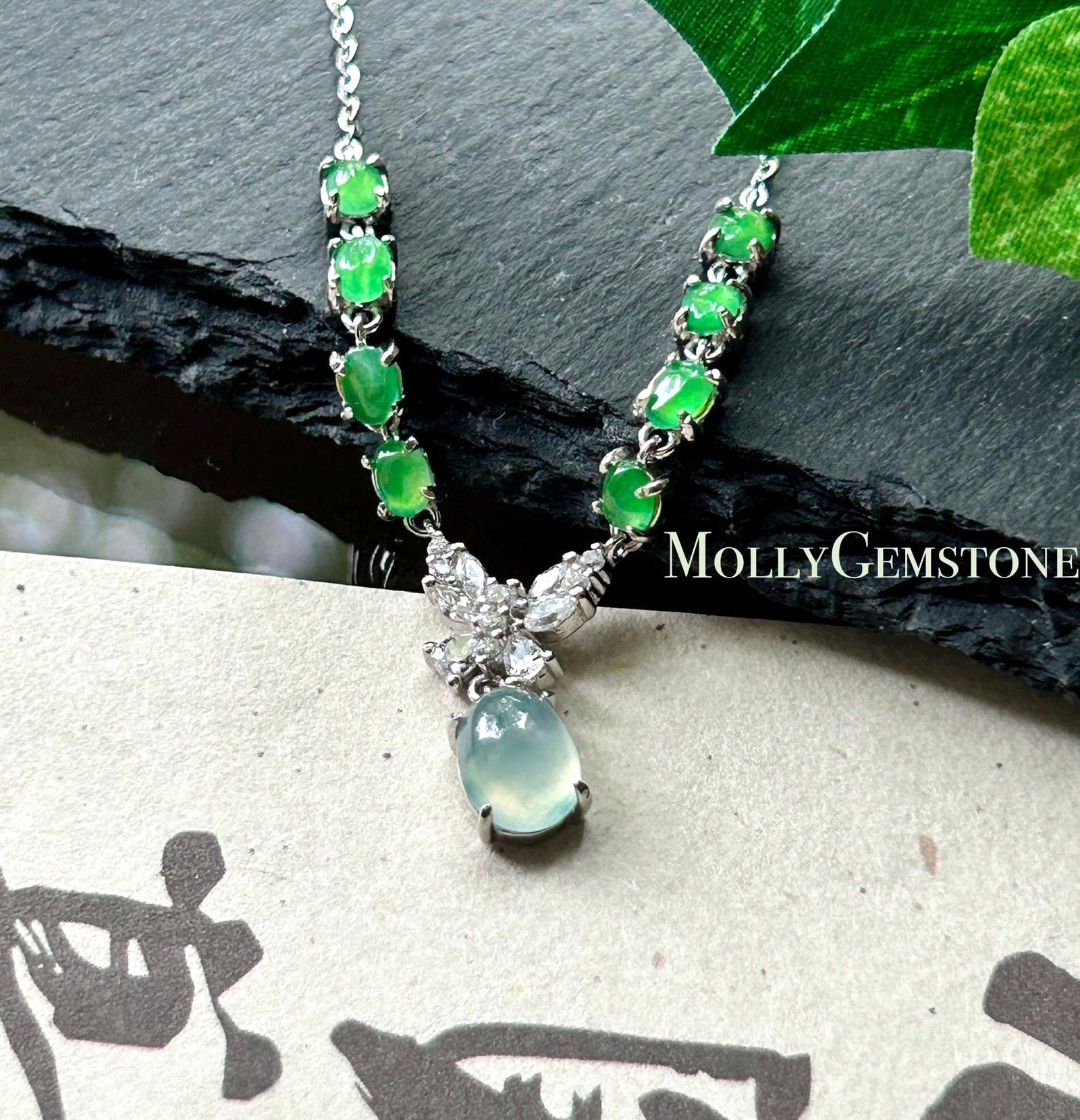 Certified Natural Jadeite Cabochon Designer Necklace, Burmese Type A Highly Translucent Icy Glacier Blue & Green Jade, 925 Sterling Silver