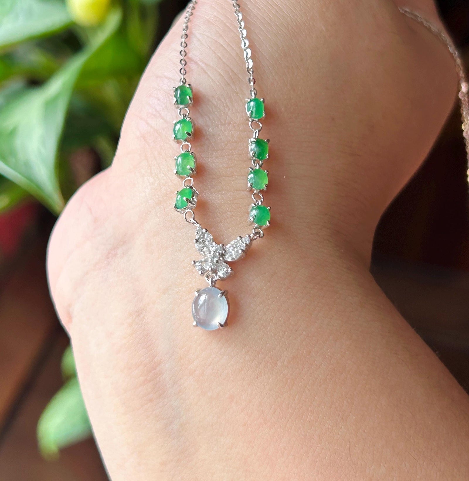 Certified Natural Jadeite Cabochon Designer Necklace, Burmese Type A Highly Translucent Icy Glacier Blue & Green Jade, 925 Sterling Silver