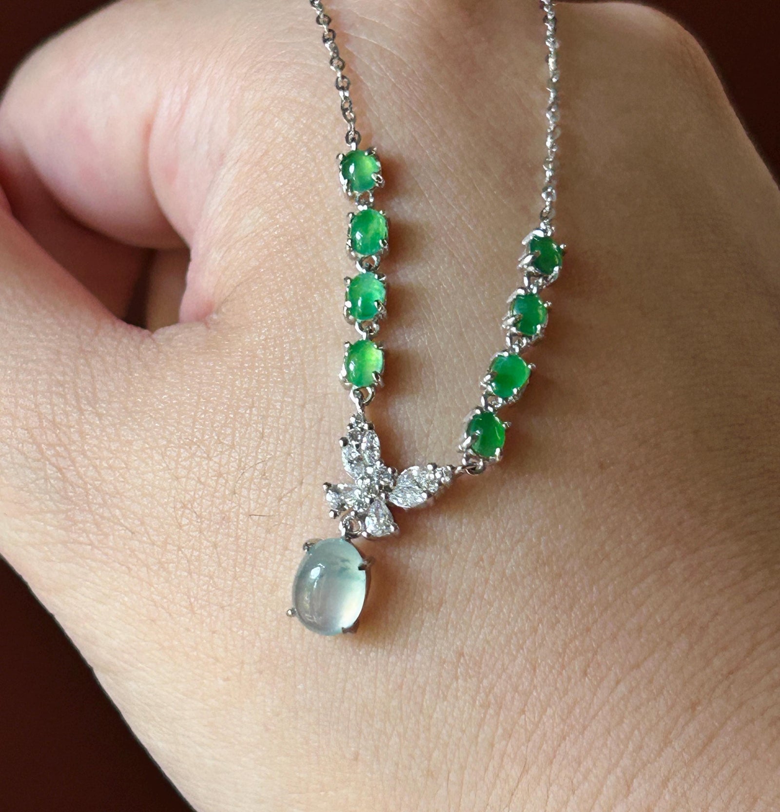 Certified Natural Jadeite Cabochon Designer Necklace, Burmese Type A Highly Translucent Icy Glacier Blue & Green Jade, 925 Sterling Silver