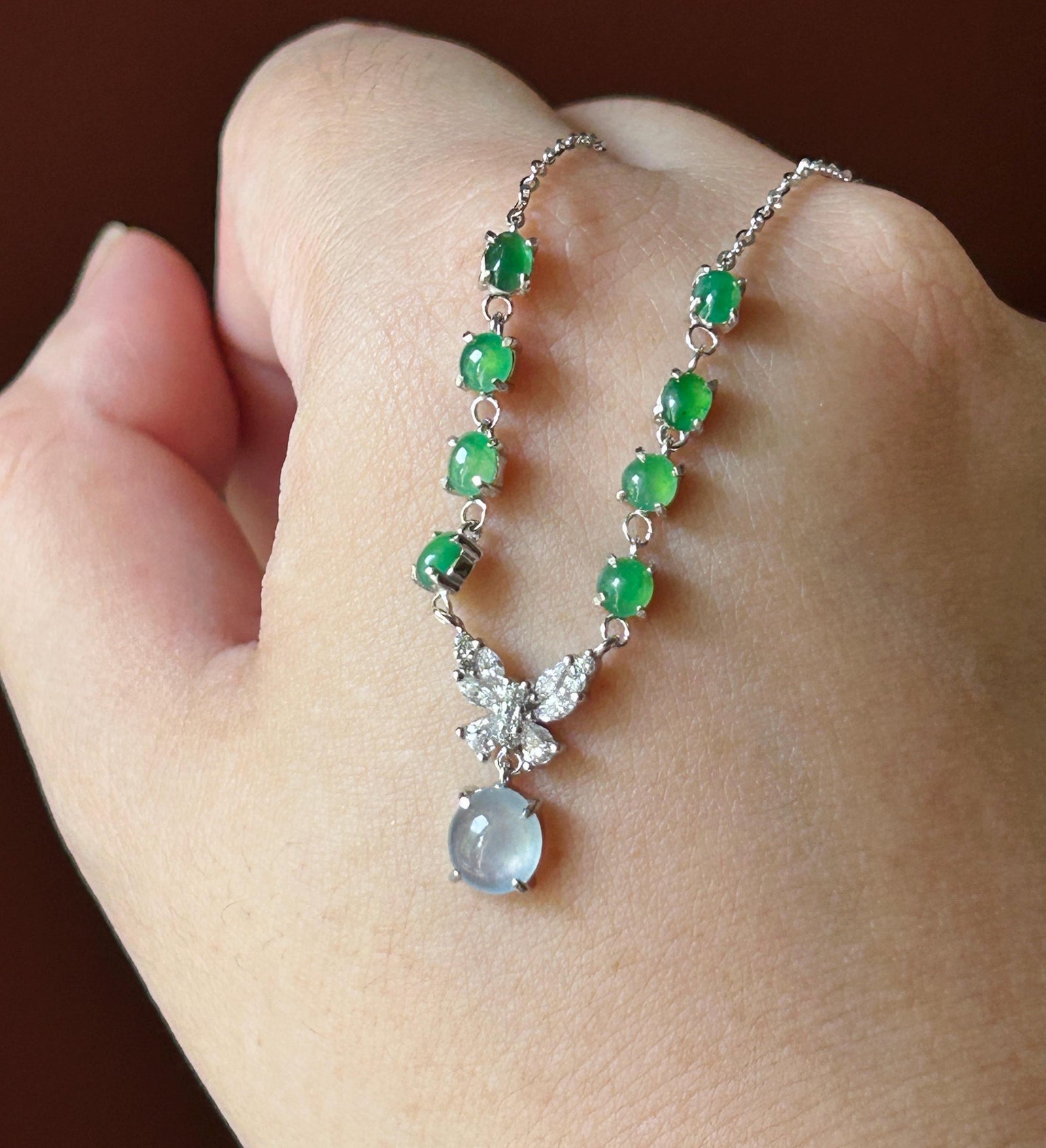 Certified Natural Jadeite Cabochon Designer Necklace, Burmese Type A Highly Translucent Icy Glacier Blue & Green Jade, 925 Sterling Silver