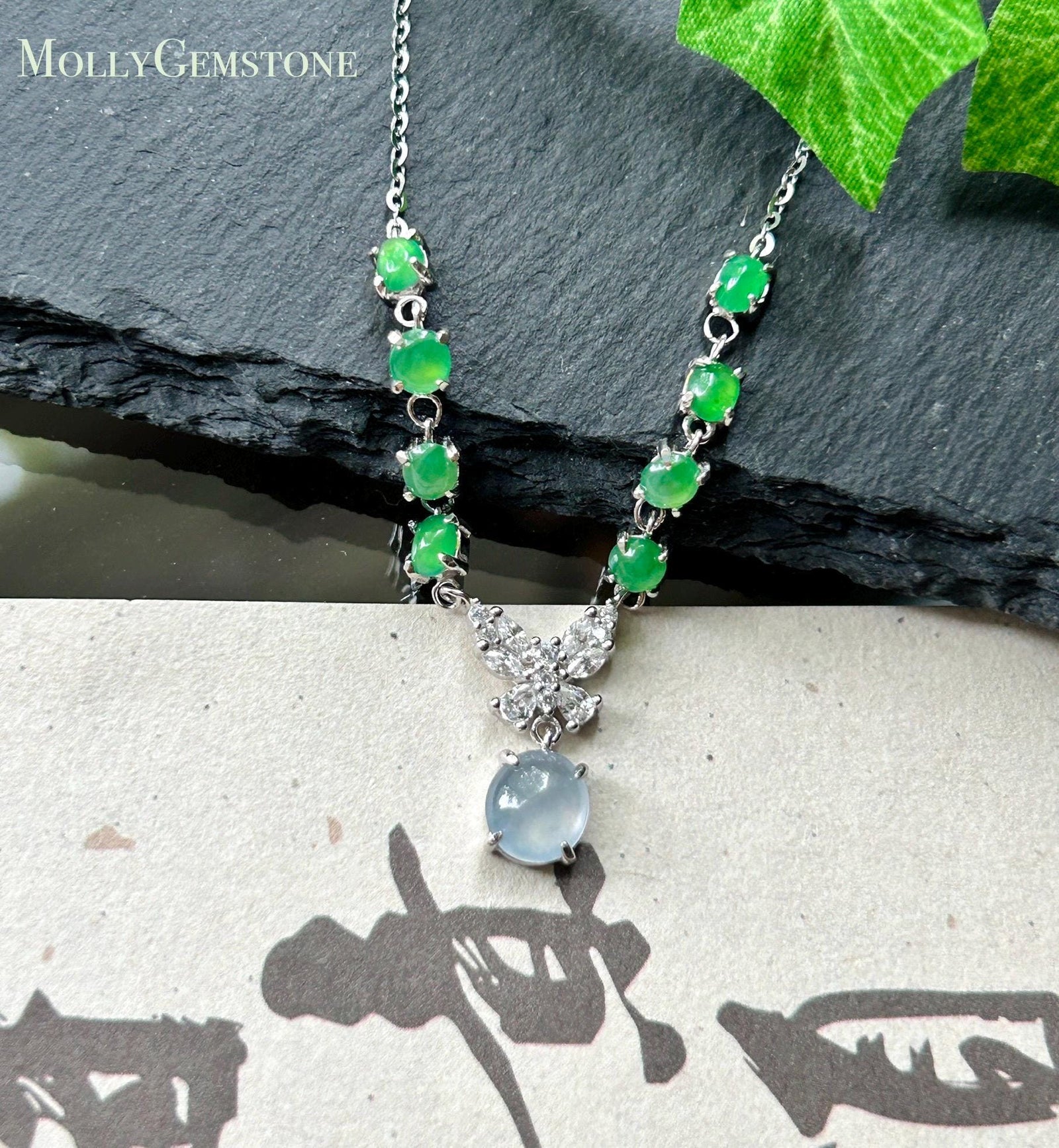 Certified Natural Jadeite Cabochon Designer Necklace, Burmese Type A Highly Translucent Icy Glacier Blue & Green Jade, 925 Sterling Silver