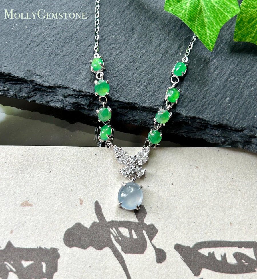 Certified Natural Jadeite Cabochon Designer Necklace, Burmese Type A Highly Translucent Icy Glacier Blue & Green Jade, 925 Sterling Silver