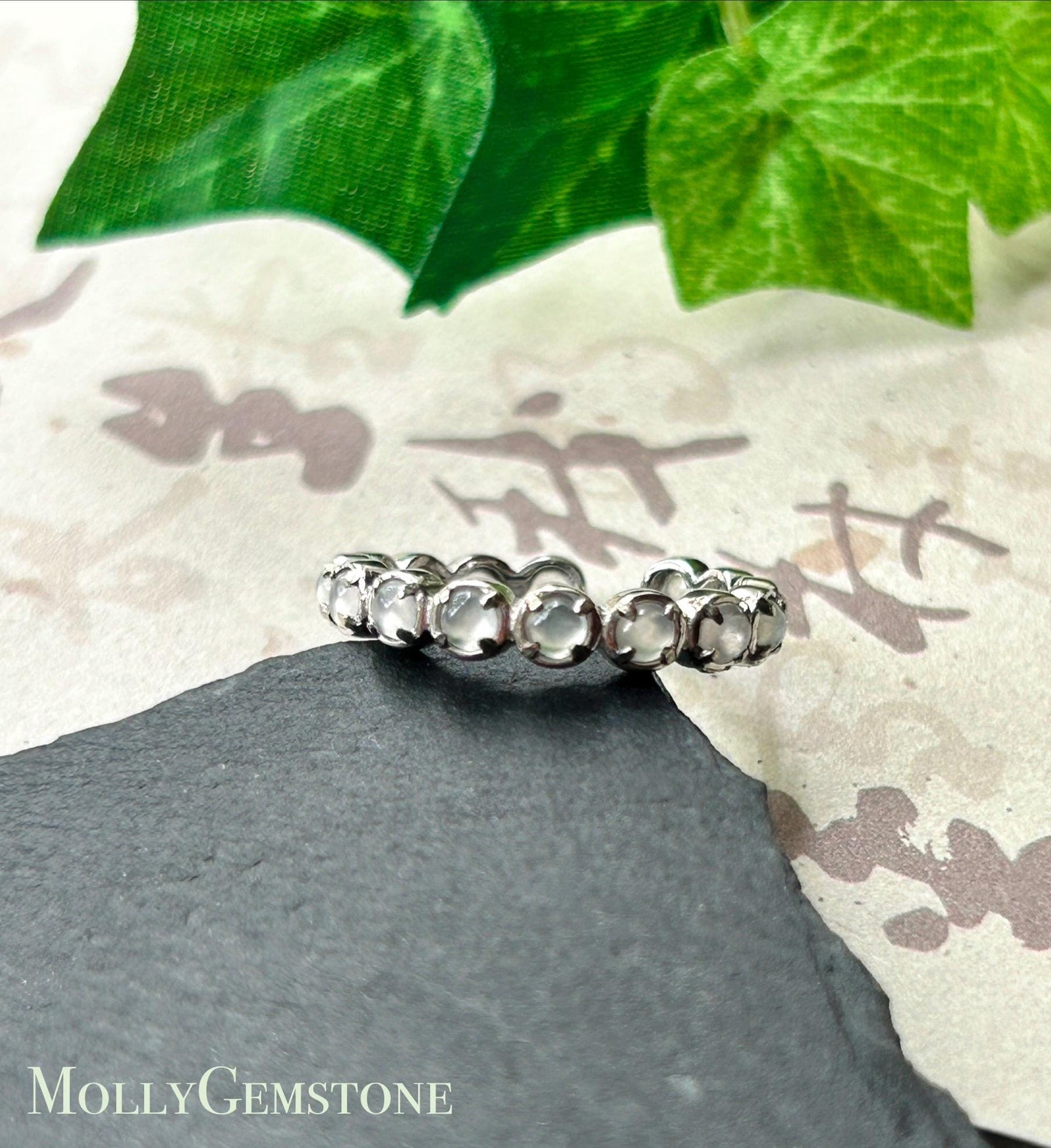 Certified Natural Jadeite Eternity Ring Burmese Type A Untreated Highly Translucent Icy White Multiple Cabochon Jade | Sterling Silver