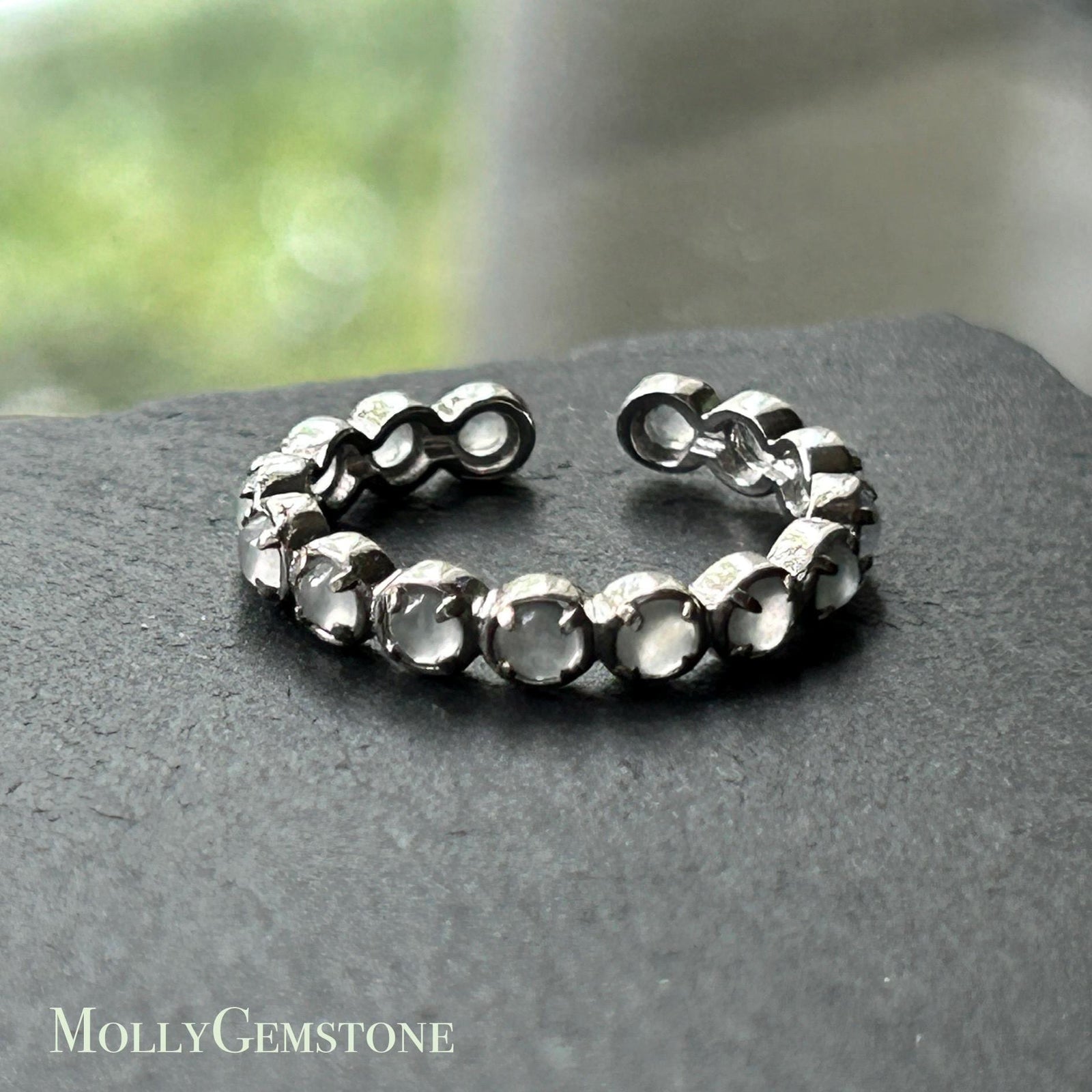 Certified Natural Jadeite Eternity Ring Burmese Type A Untreated Highly Translucent Icy White Multiple Cabochon Jade | Sterling Silver