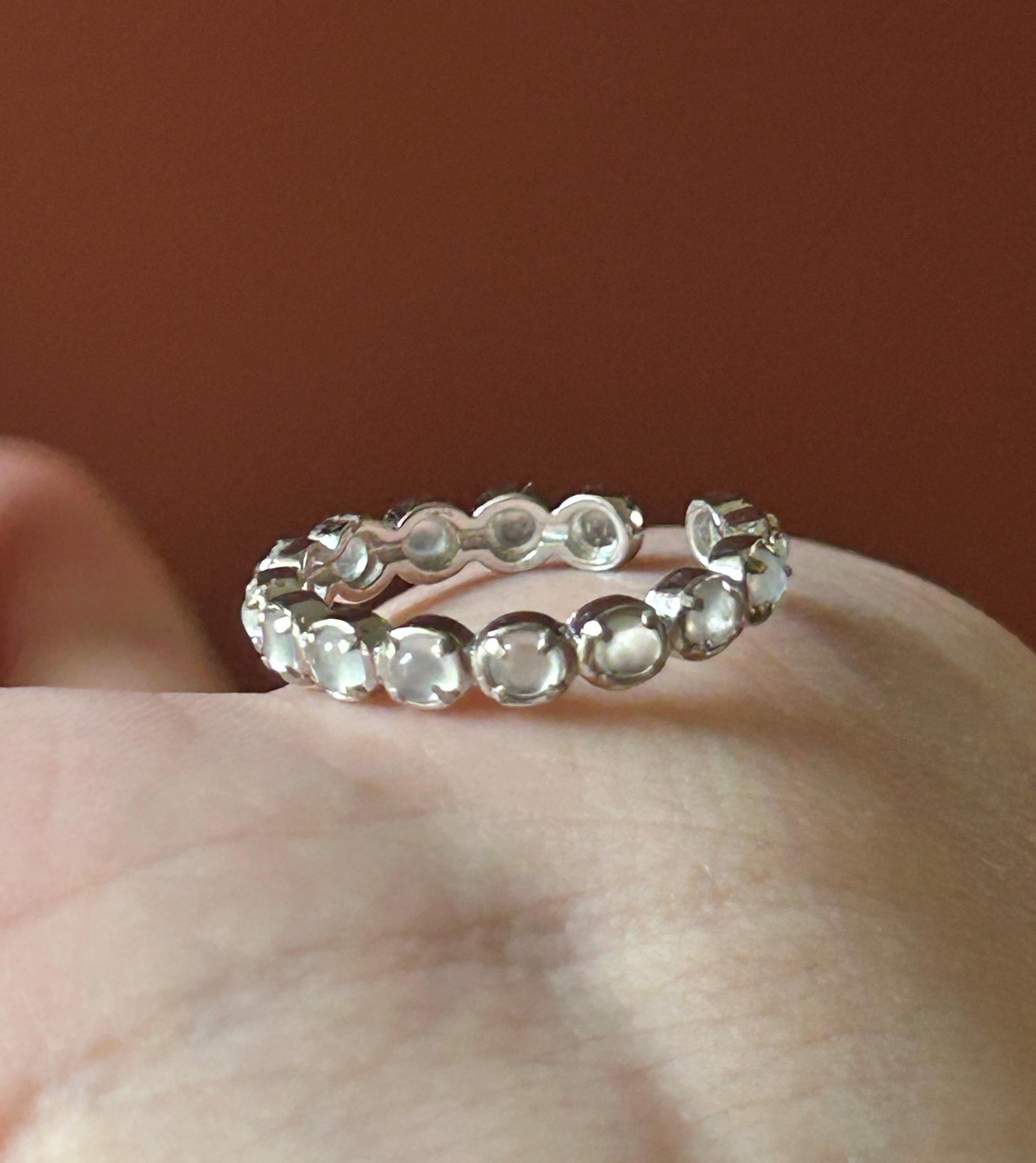 Certified Natural Jadeite Eternity Ring Burmese Type A Untreated Highly Translucent Icy White Multiple Cabochon Jade | Sterling Silver