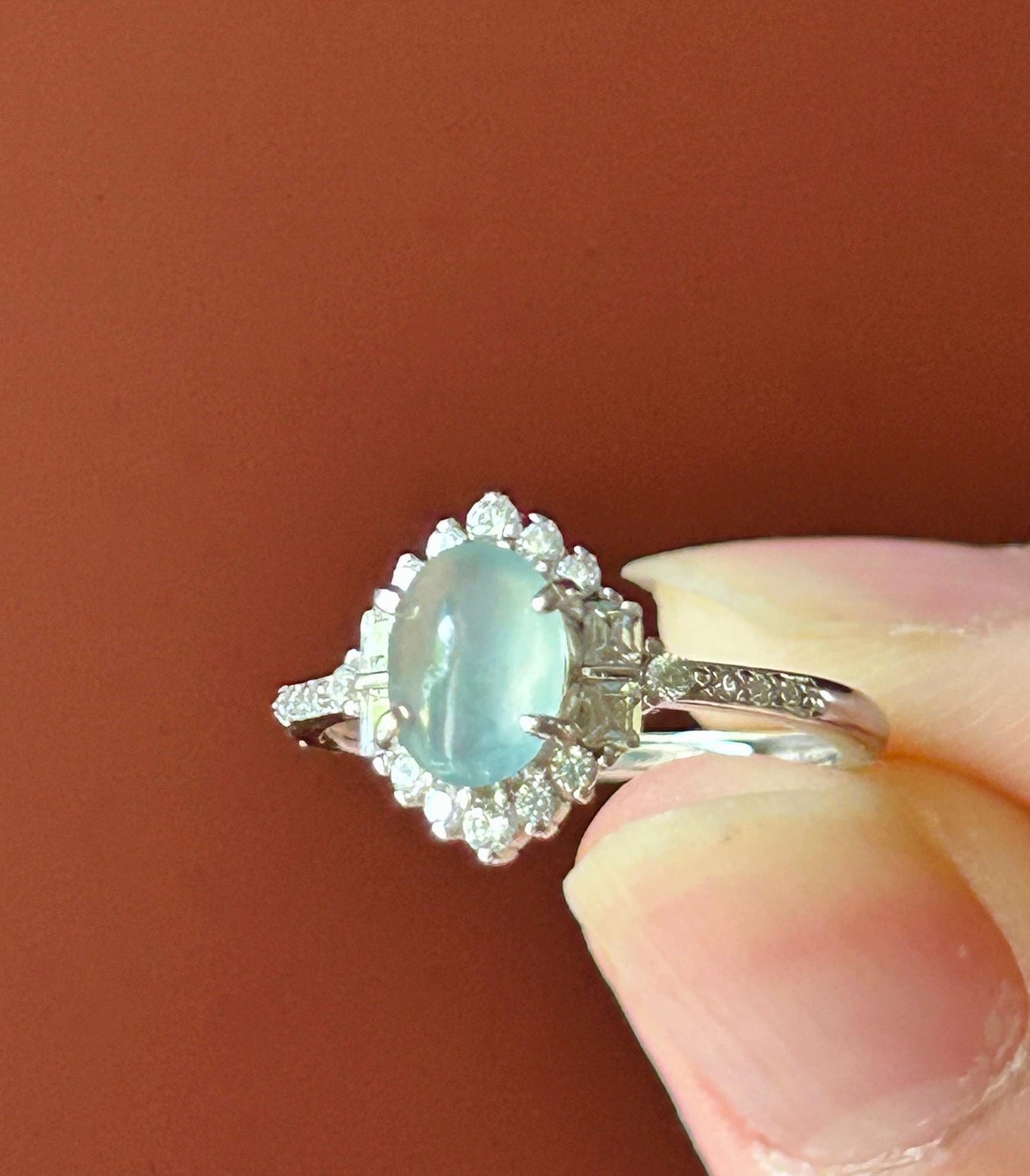 Certified Natural Jadeite Cabochon Ring Burmese Type A Highly Translucent Icy Soft Blue & Green Floral Jade | Sterling Silver