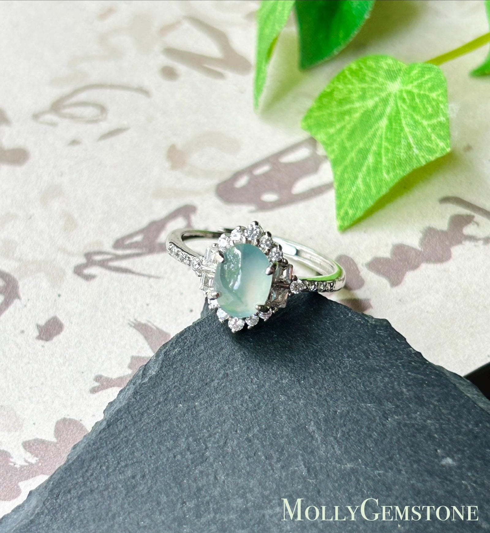 Certified Natural Jadeite Cabochon Ring Burmese Type A Highly Translucent Icy Soft Blue & Green Floral Jade | Sterling Silver