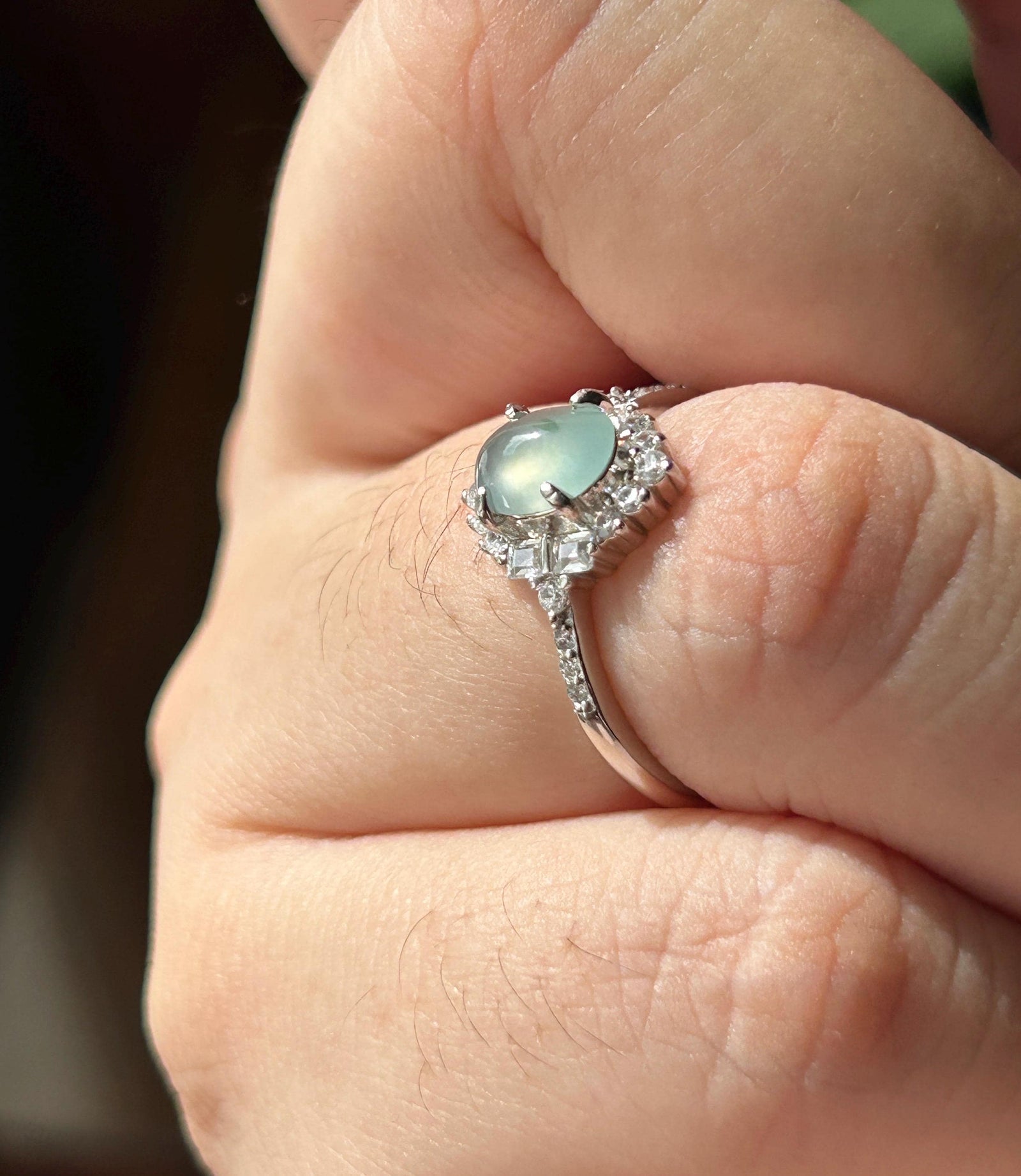 Certified Natural Jadeite Cabochon Ring Burmese Type A Highly Translucent Icy Soft Blue & Green Floral Jade | Sterling Silver