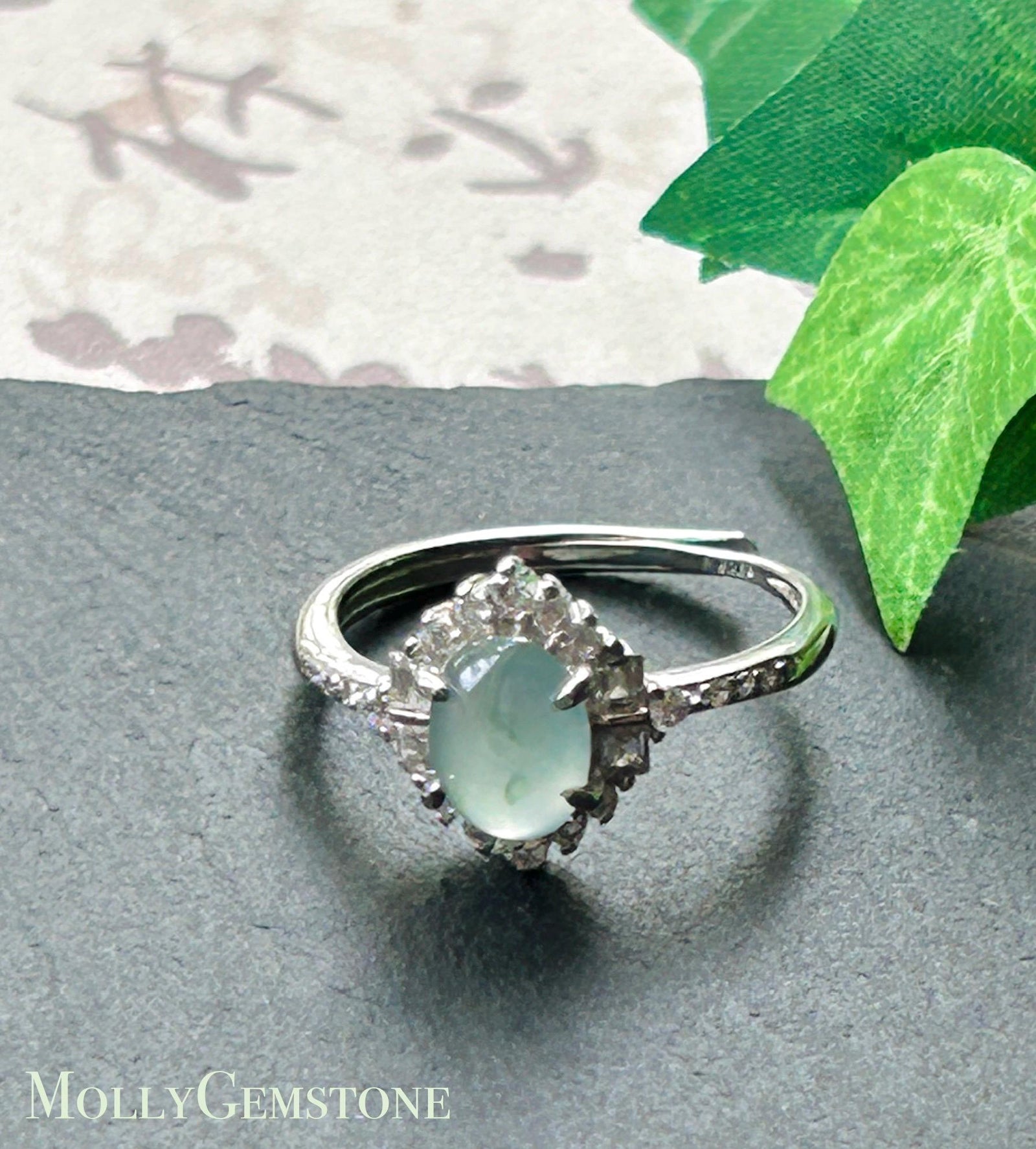 Certified Natural Jadeite Cabochon Ring Burmese Type A Highly Translucent Icy Soft Blue & Green Floral Jade | Sterling Silver