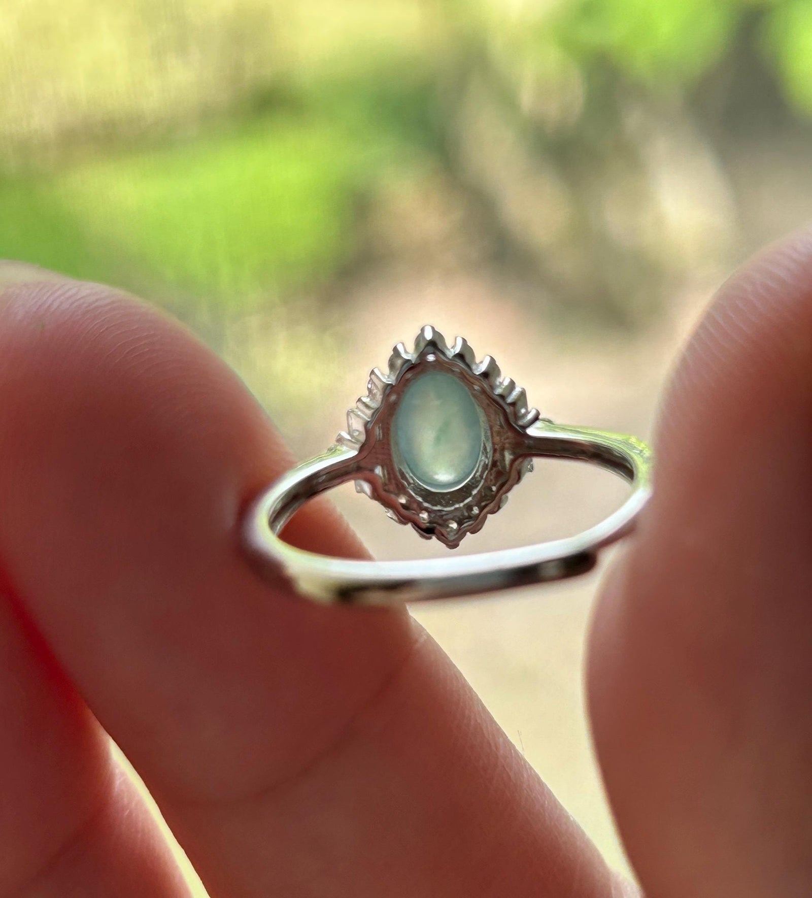 Certified Natural Jadeite Cabochon Ring Burmese Type A Highly Translucent Icy Soft Blue & Green Floral Jade | Sterling Silver