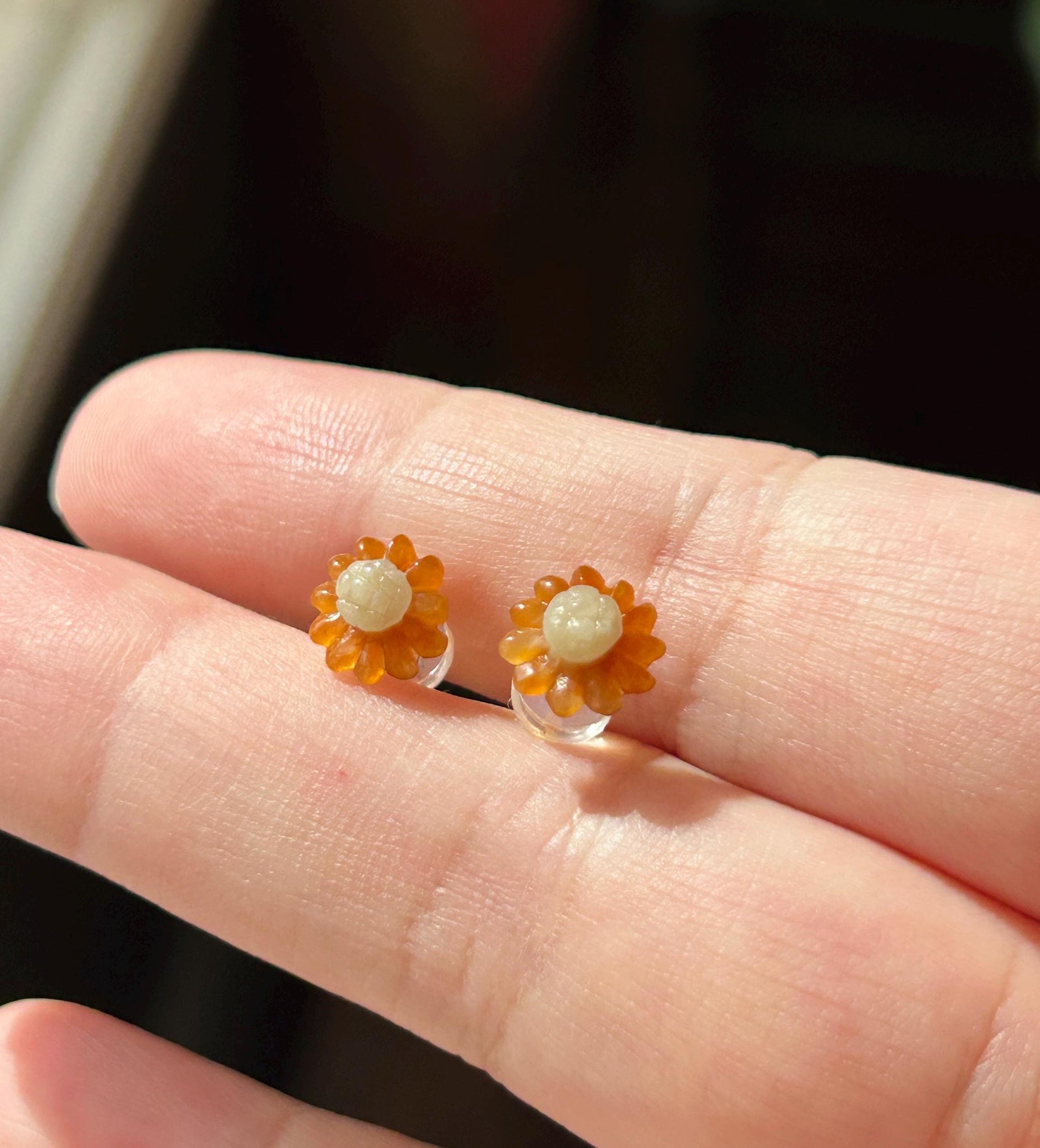 Certified Natural Jadeite Sun Flower Stud Earrings| Handcarved Burmese Type A Translucent Icy Red & Light Yellow Jade, 18k Solid Gold