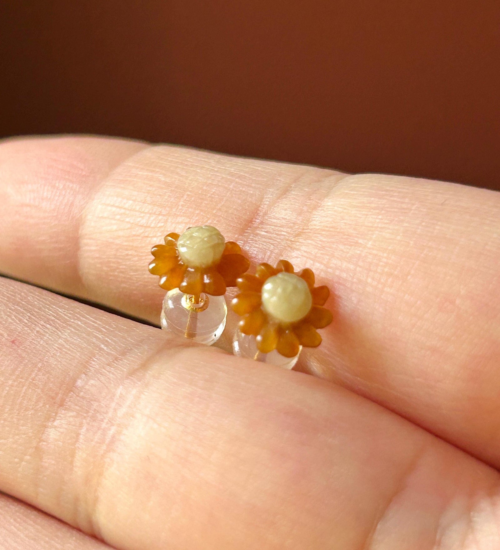 Certified Natural Jadeite Sun Flower Stud Earrings| Handcarved Burmese Type A Translucent Icy Red & Light Yellow Jade, 18k Solid Gold