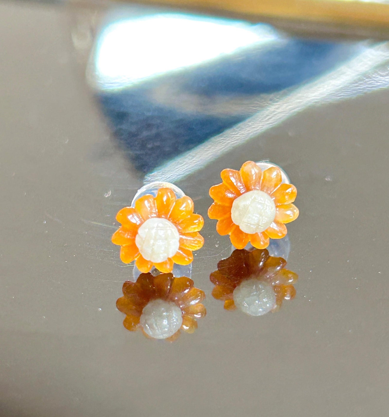Certified Natural Jadeite Sun Flower Stud Earrings| Handcarved Burmese Type A Translucent Icy Red & Light Yellow Jade, 18k Solid Gold