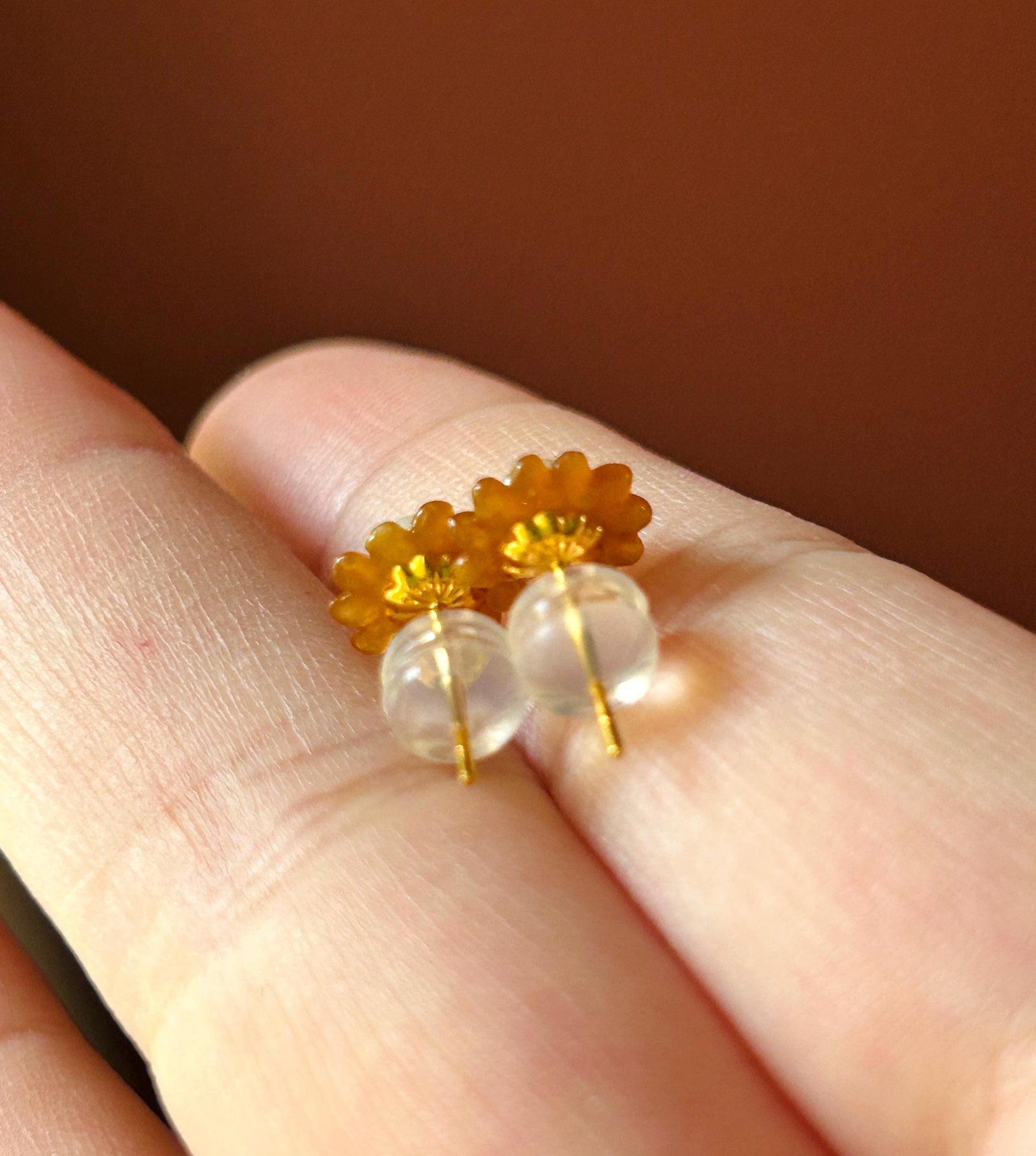 Certified Natural Jadeite Sun Flower Stud Earrings| Handcarved Burmese Type A Translucent Icy Red & Light Yellow Jade, 18k Solid Gold