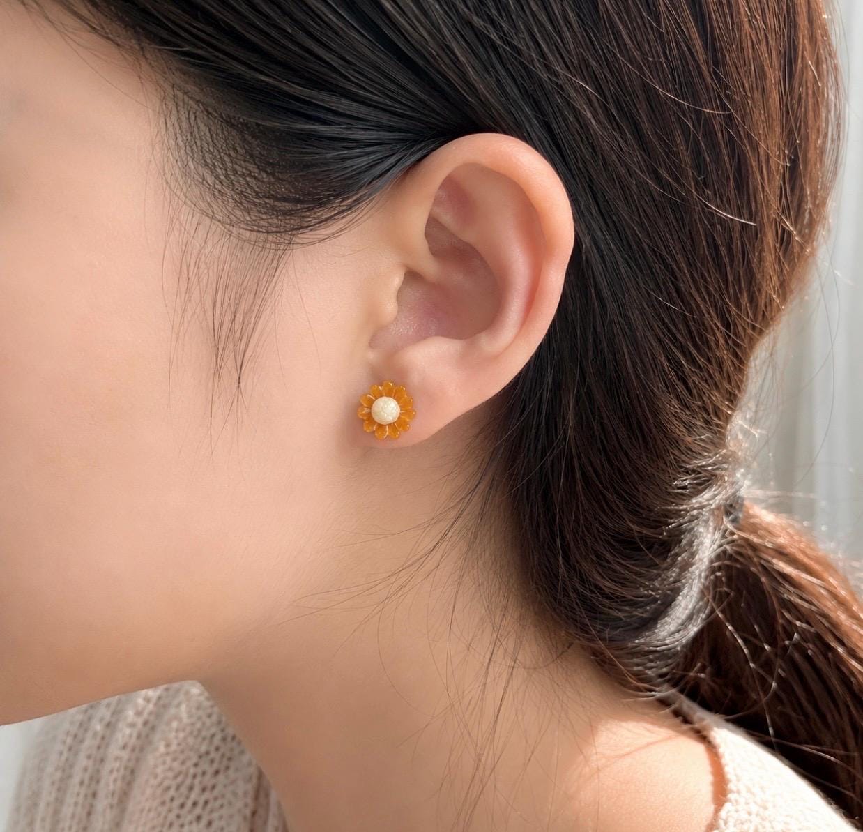 Certified Natural Jadeite Sun Flower Stud Earrings| Handcarved Burmese Type A Translucent Icy Red & Light Yellow Jade, 18k Solid Gold