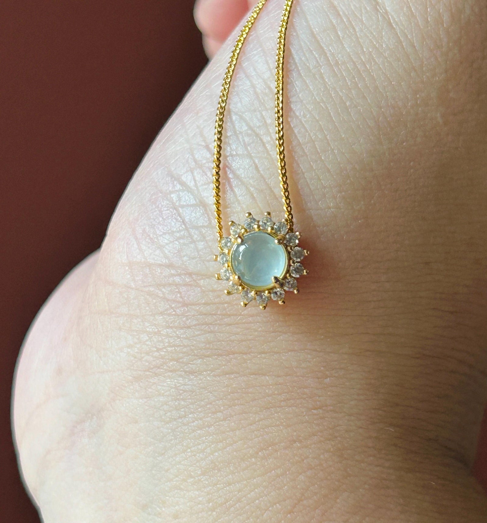 Natural Jadeite Cabochon Petite Pendant Necklace Guatemalan Type A Highly Translucent High Icy Blue Jade, Sterling Silver