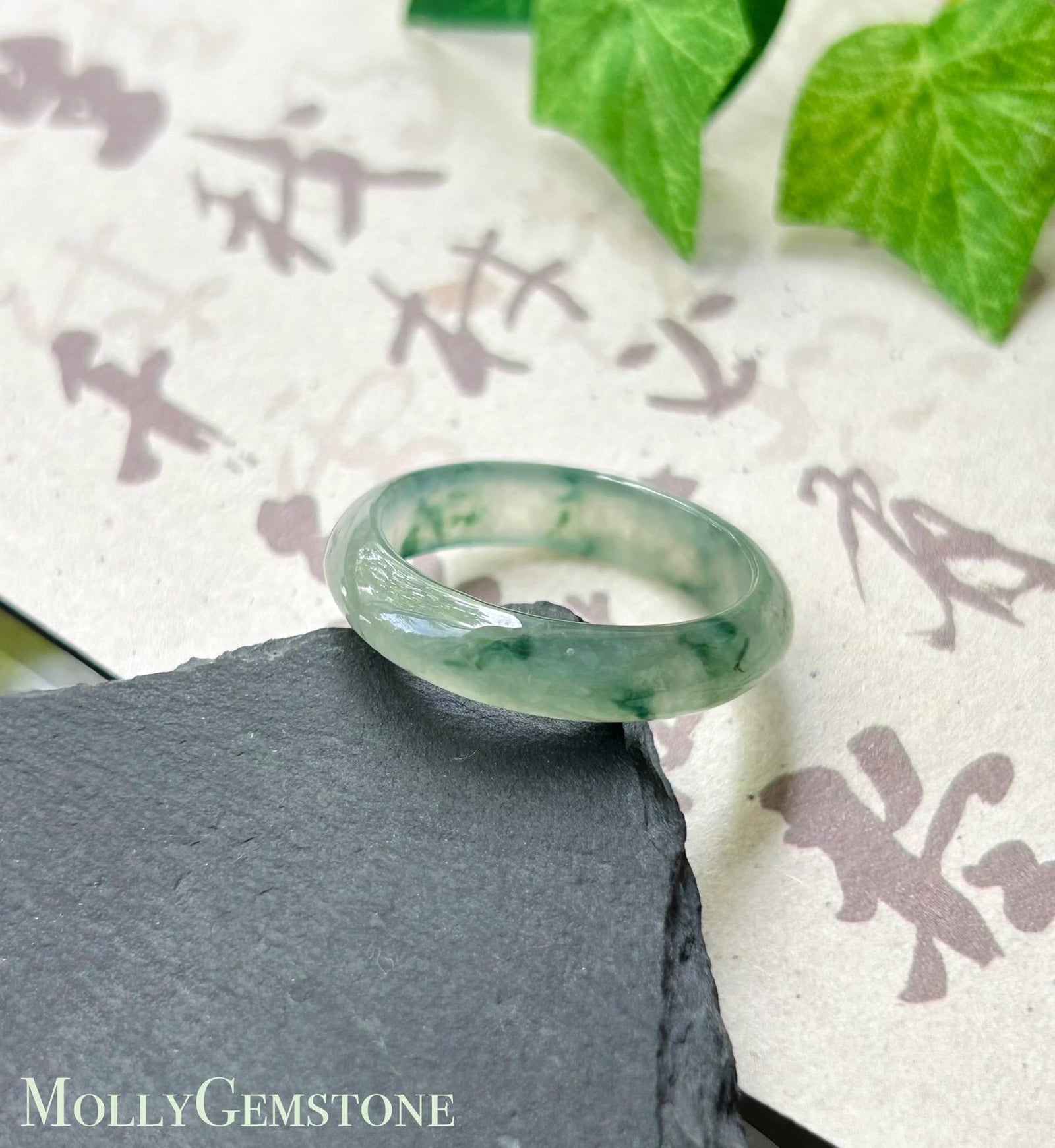 Natural Jadeite Band Ring | Burmese Type A Translucent Icy Glutinous Dark Green Floral Jade US 9.5 - 19.3mm