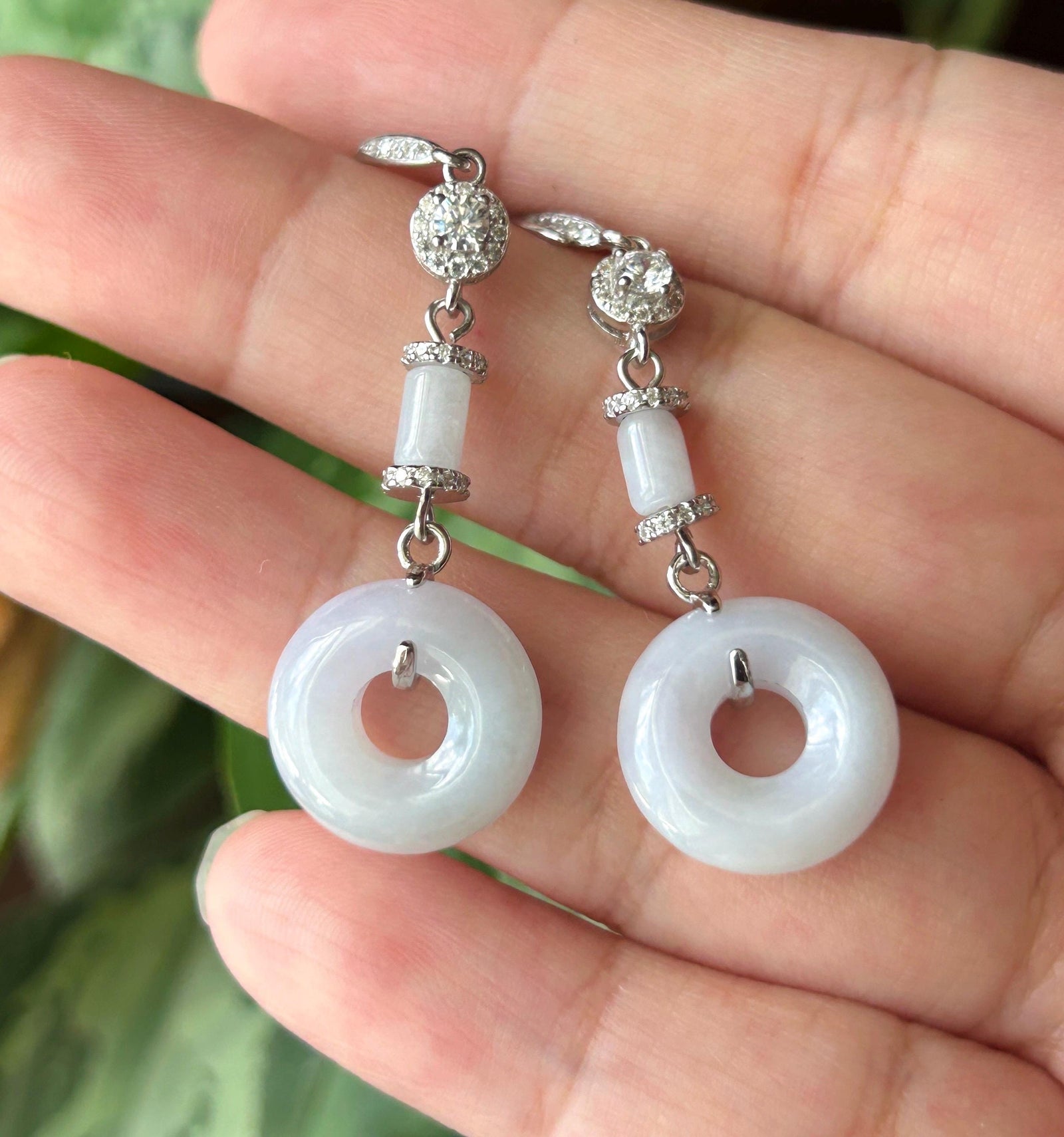 Natural Jadeite Lucky Donut Earrings: Burmese Type A Untreated Fine Glutinous Icy Light Lavender Jade, Sterling Silver