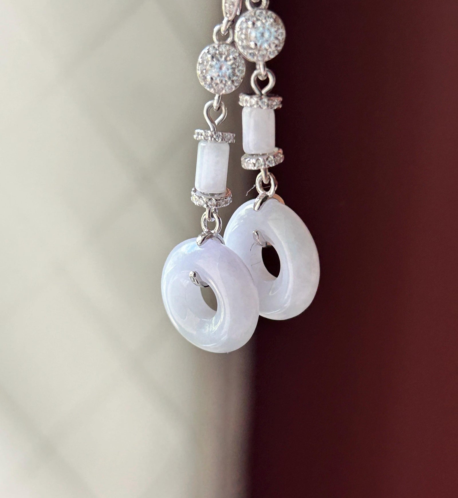 Natural Jadeite Lucky Donut Earrings: Burmese Type A Untreated Fine Glutinous Icy Light Lavender Jade, Sterling Silver