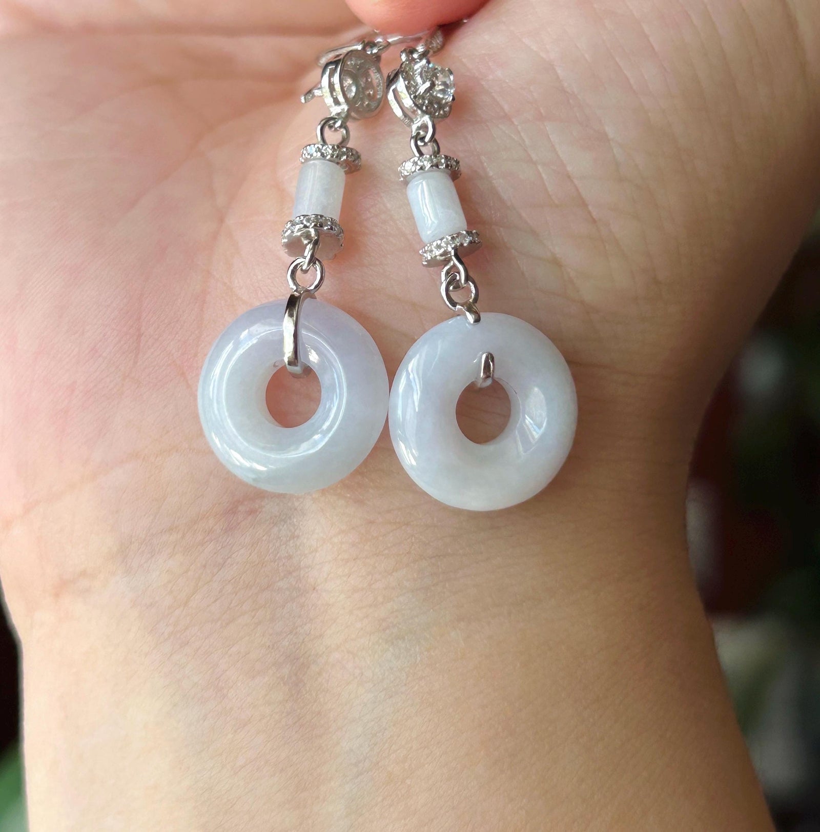 Natural Jadeite Lucky Donut Earrings: Burmese Type A Untreated Fine Glutinous Icy Light Lavender Jade, Sterling Silver