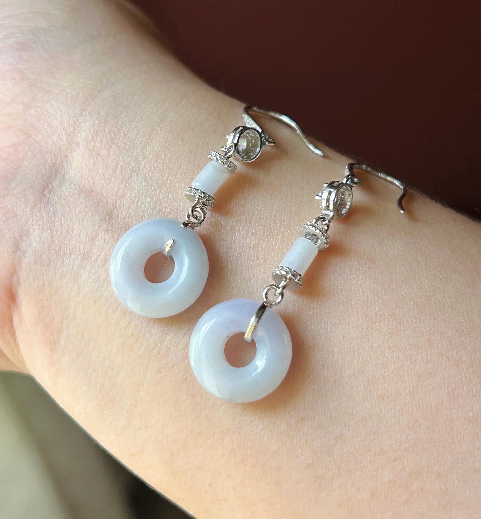 Natural Jadeite Lucky Donut Earrings: Burmese Type A Untreated Fine Glutinous Icy Light Lavender Jade, Sterling Silver