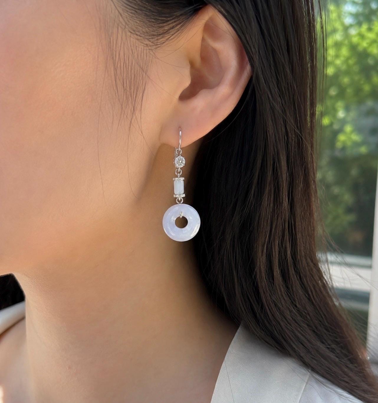 Natural Jadeite Lucky Donut Earrings: Burmese Type A Untreated Fine Glutinous Icy Light Lavender Jade, Sterling Silver