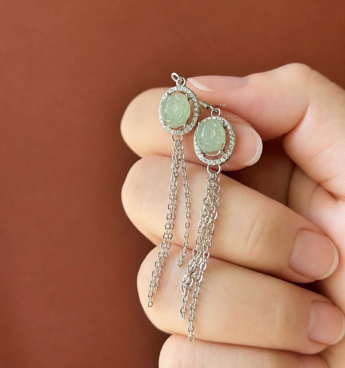 Natural Jadeite Floral Tassel Drop Earrings: Burmese Type A Untreated Icy Translucent Pale Green Jade, Sterling Silver