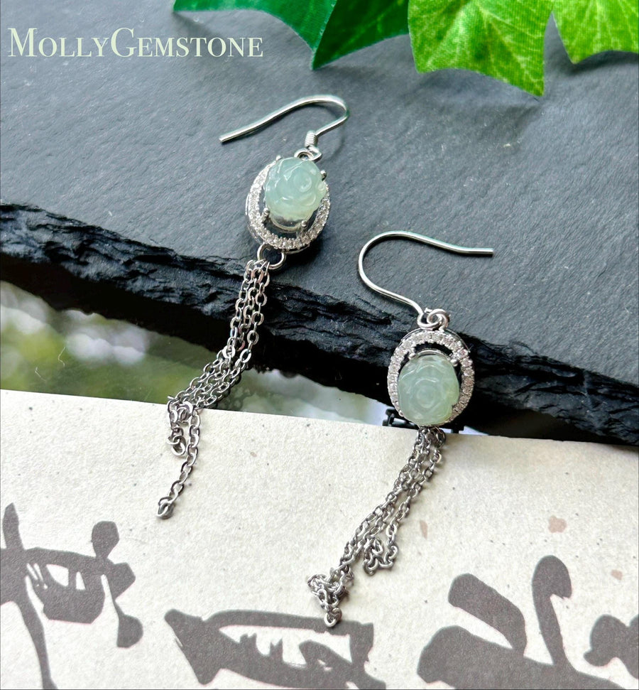 Natural Jadeite Floral Tassel Drop Earrings: Burmese Type A Untreated Icy Translucent Pale Green Jade, Sterling Silver