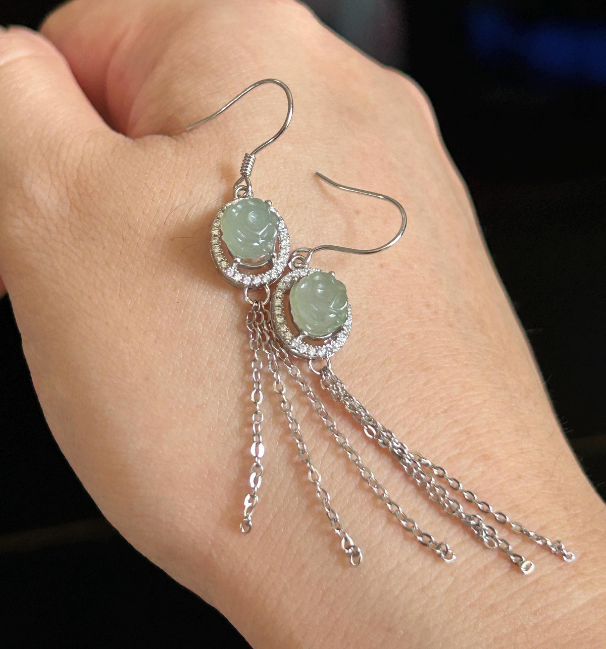 Natural Jadeite Floral Tassel Drop Earrings: Burmese Type A Untreated Icy Translucent Pale Green Jade, Sterling Silver