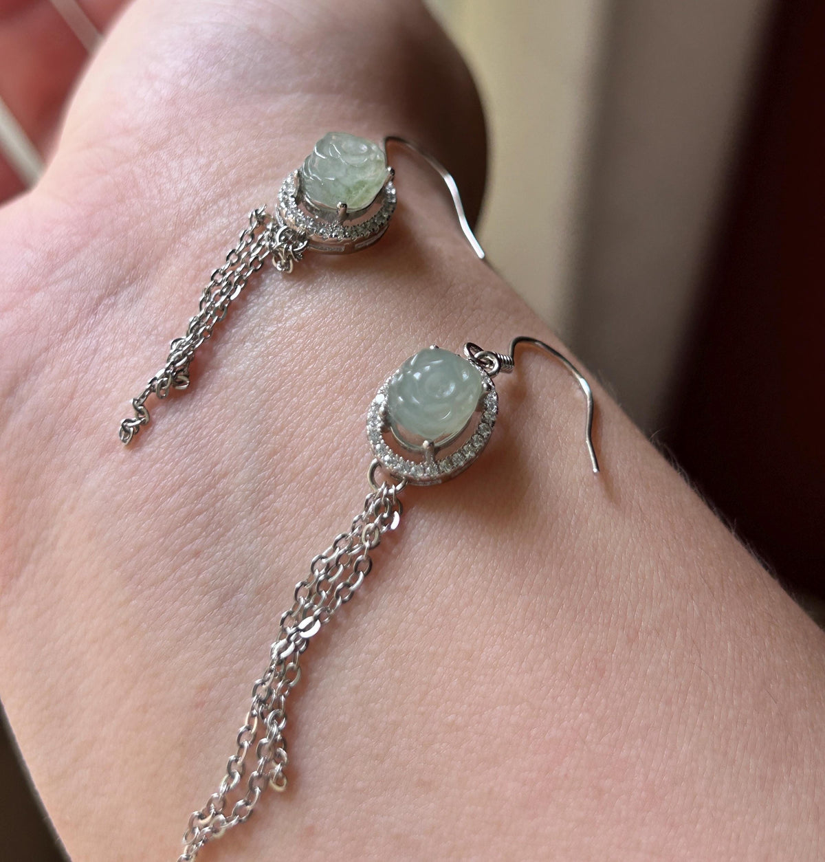 Natural Jadeite Floral Tassel Drop Earrings: Burmese Type A Untreated Icy Translucent Pale Green Jade, Sterling Silver