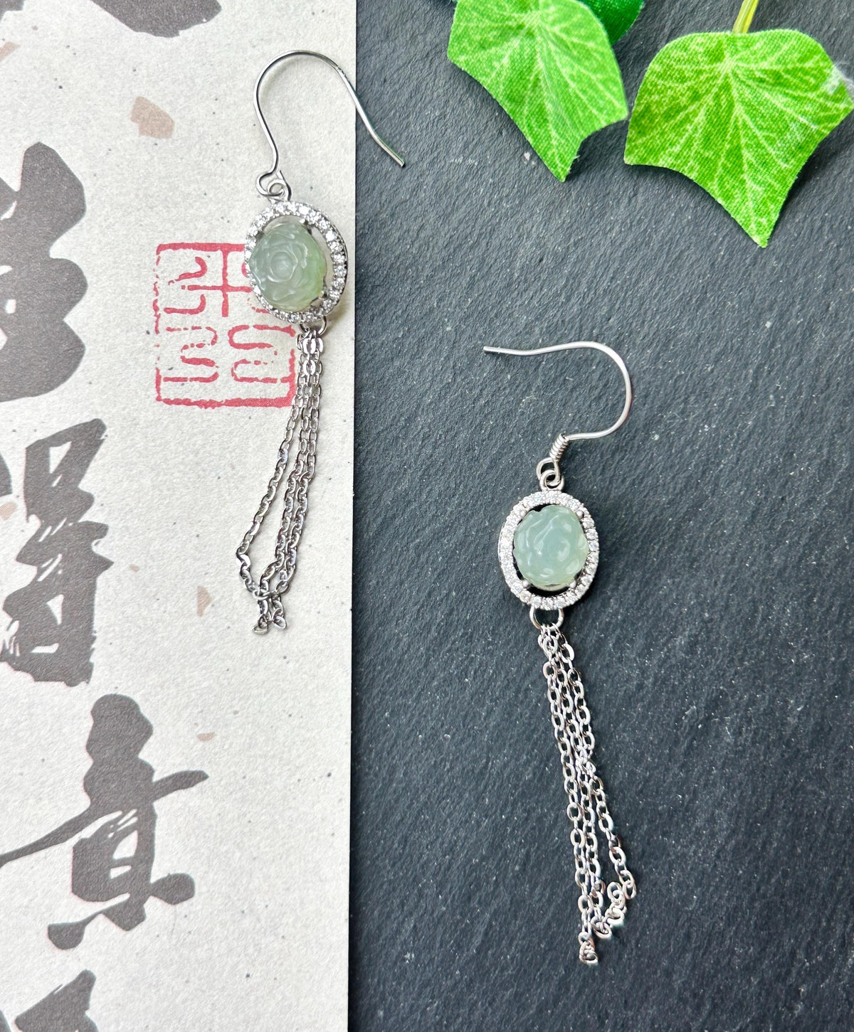 Natural Jadeite Floral Tassel Drop Earrings: Burmese Type A Untreated Icy Translucent Pale Green Jade, Sterling Silver
