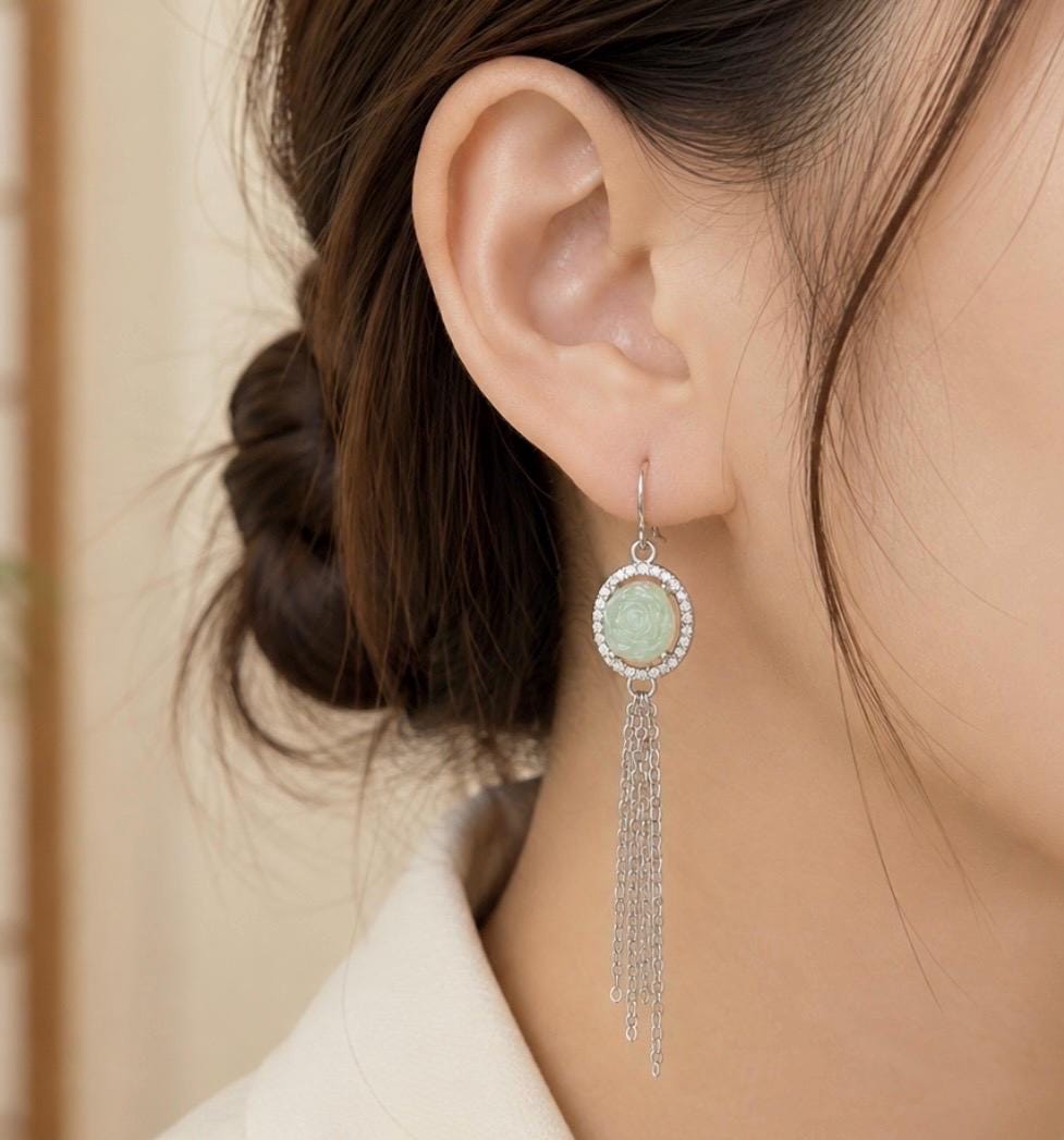Natural Jadeite Floral Tassel Drop Earrings: Burmese Type A Untreated Icy Translucent Pale Green Jade, Sterling Silver
