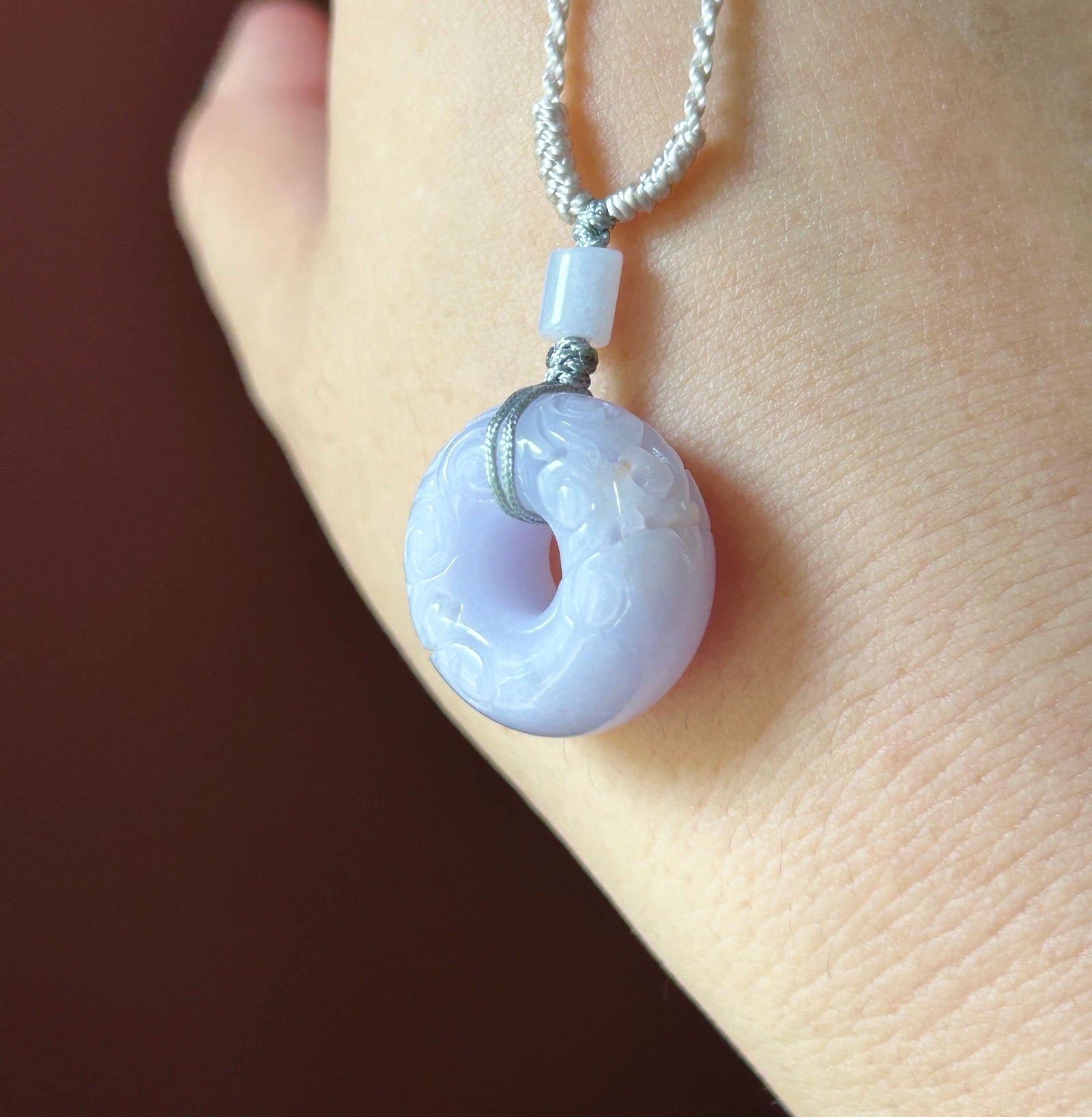Natural Jadeite Carved Chubby Donut Pendant, Handwoven Necklace, Burmese Type A Icy Glutinous Pinkish Purple Jade, 20.8 × 10.6mm