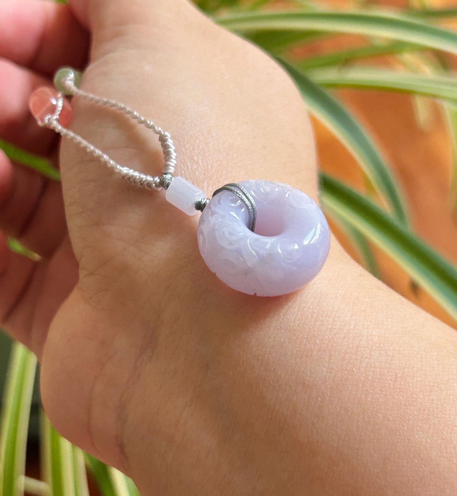 Natural Jadeite Carved Chubby Donut Pendant, Handwoven Necklace, Burmese Type A Icy Glutinous Pinkish Purple Jade, 20.8 × 10.6mm