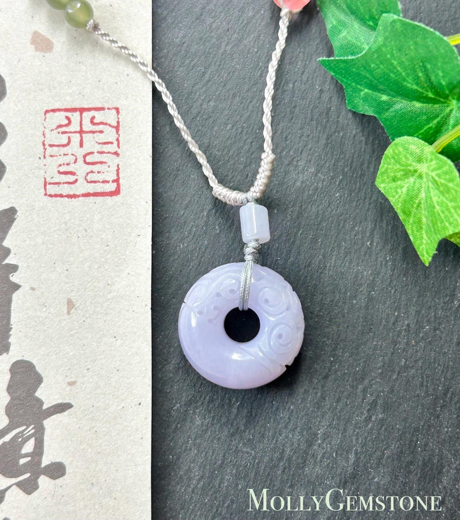 Natural Jadeite Carved Chubby Donut Pendant, Handwoven Necklace, Burmese Type A Icy Glutinous Pinkish Purple Jade, 20.8 × 10.6mm