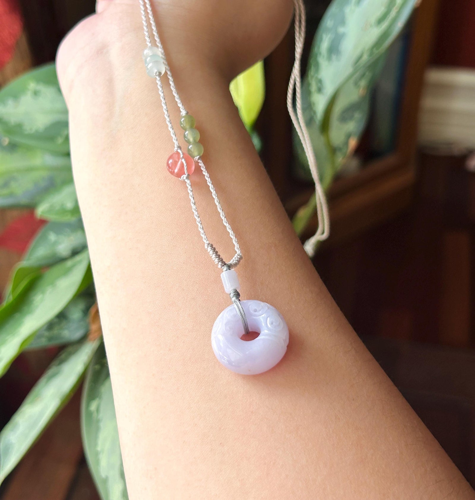 Natural Jadeite Carved Chubby Donut Pendant, Handwoven Necklace, Burmese Type A Icy Glutinous Pinkish Purple Jade, 20.8 × 10.6mm