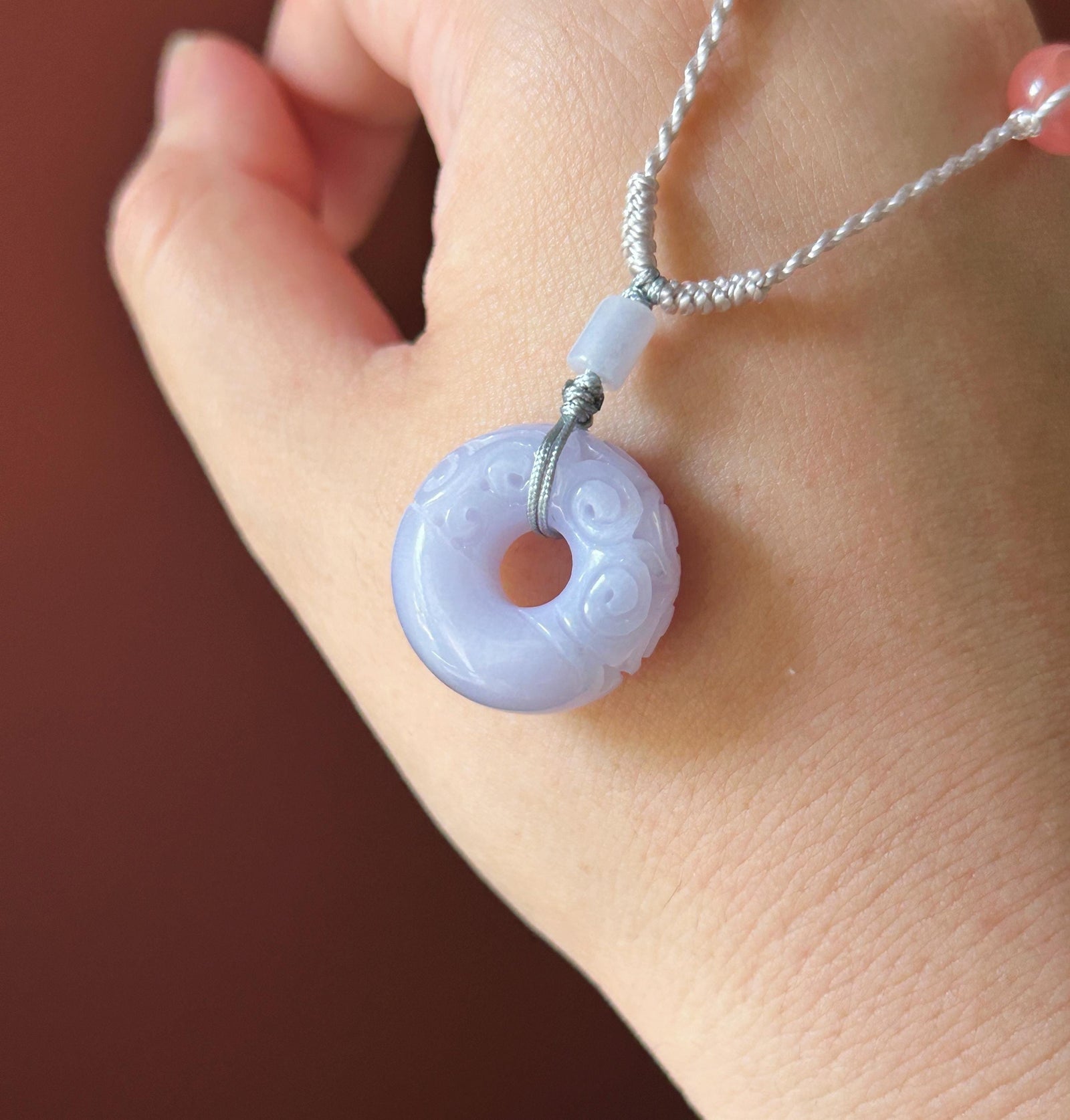 Natural Jadeite Carved Chubby Donut Pendant, Handwoven Necklace, Burmese Type A Icy Glutinous Pinkish Purple Jade, 20.8 × 10.6mm
