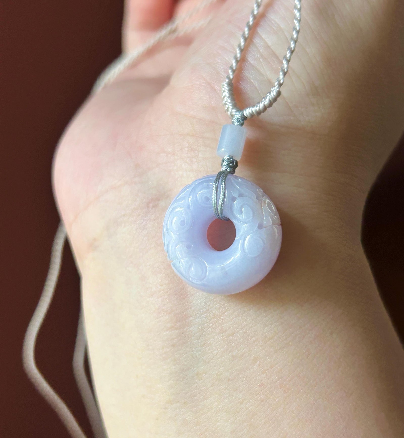 Natural Jadeite Carved Chubby Donut Pendant, Handwoven Necklace, Burmese Type A Icy Glutinous Pinkish Purple Jade, 20.8 × 10.6mm