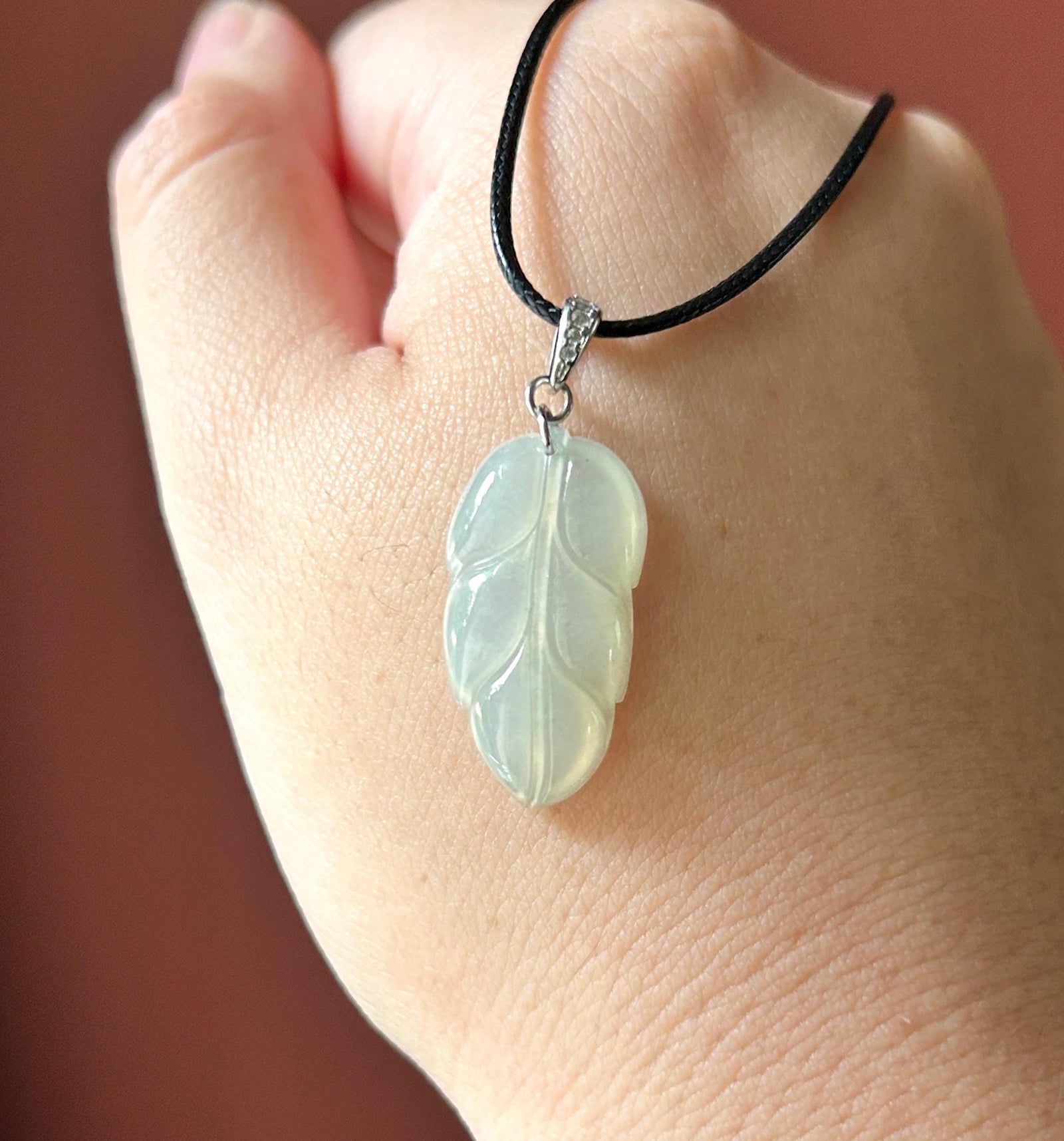 Natural Jadeite Leaf Pendant Minimalist Jewelry Burmese Type A Highly Translucent Icy Light Yellow Jade, Sterling Silver Bail