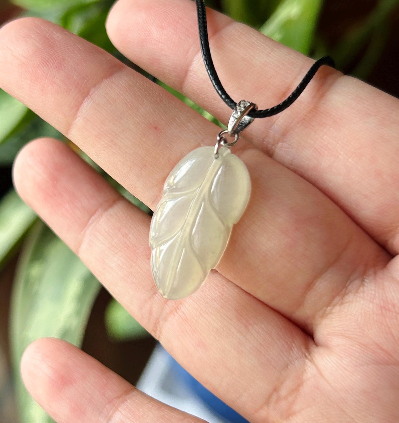 Natural Jadeite Leaf Pendant Minimalist Jewelry Burmese Type A Highly Translucent Icy Light Yellow Jade, Sterling Silver Bail