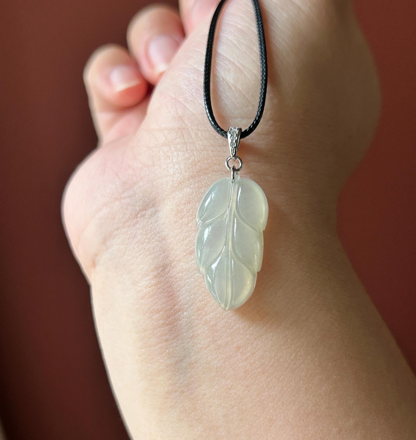Natural Jadeite Leaf Pendant Minimalist Jewelry Burmese Type A Highly Translucent Icy Light Yellow Jade, Sterling Silver Bail