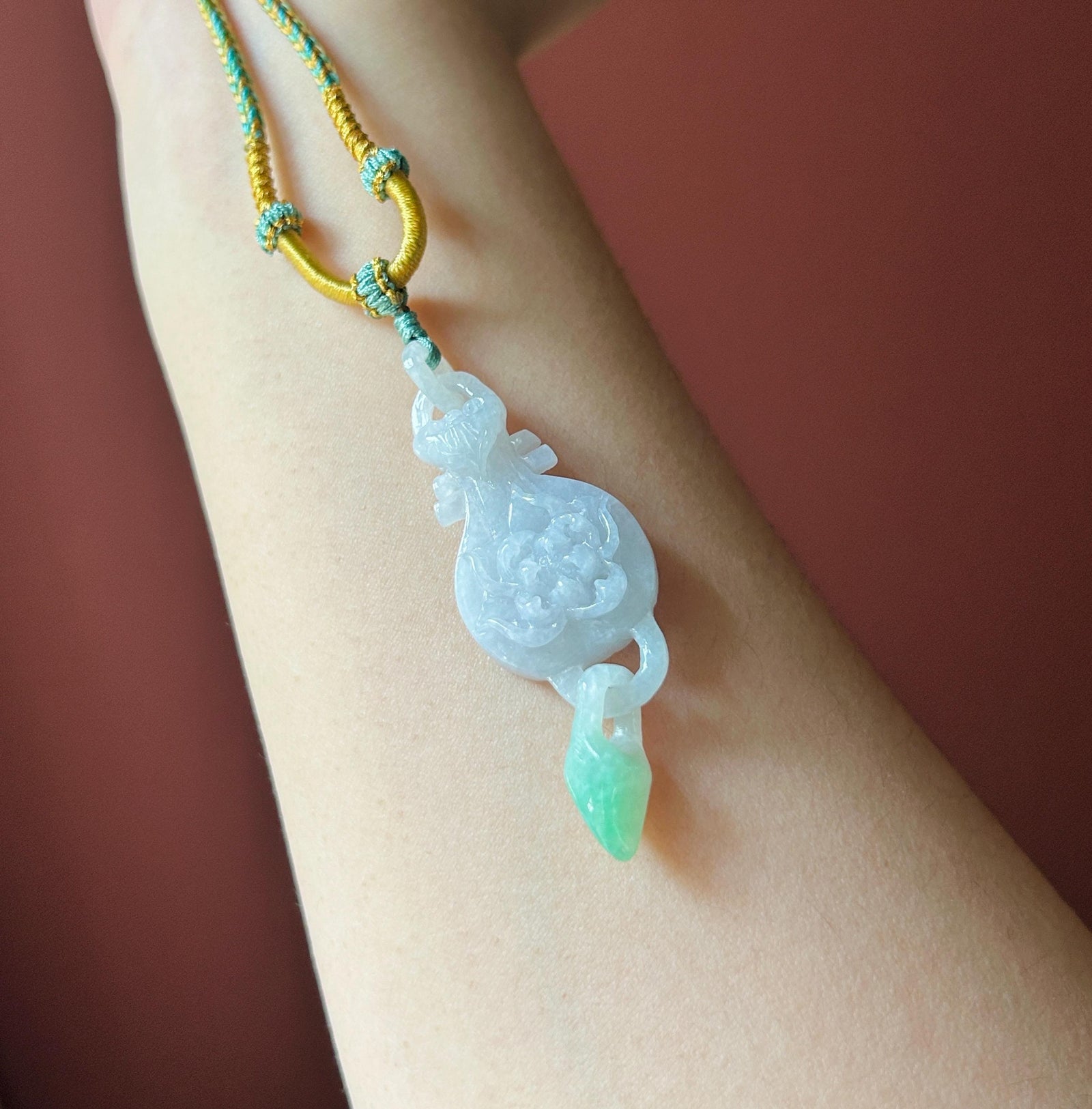 Natural Jadeite Friendship Pendant Handwoven Necklace Burmese Type A Fine Glutinous Icy white & Vivid Green Jade Hand-Carved