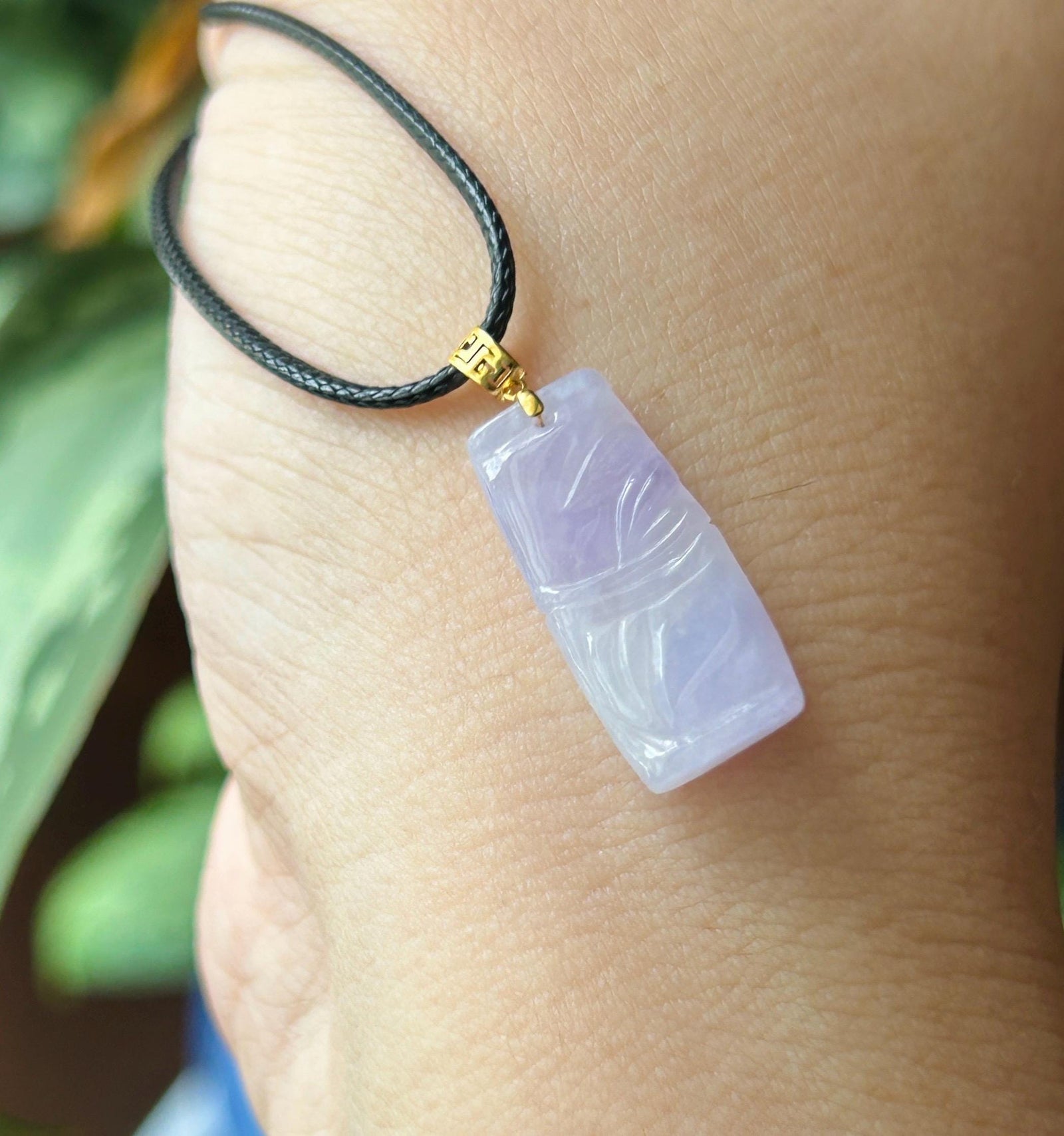 Natural Jadeite Bamboo Pendant | Burmese Type A Highly Translucent Icy Vivid Pinkish Lavender Jade, 18k Solid Gold Bail