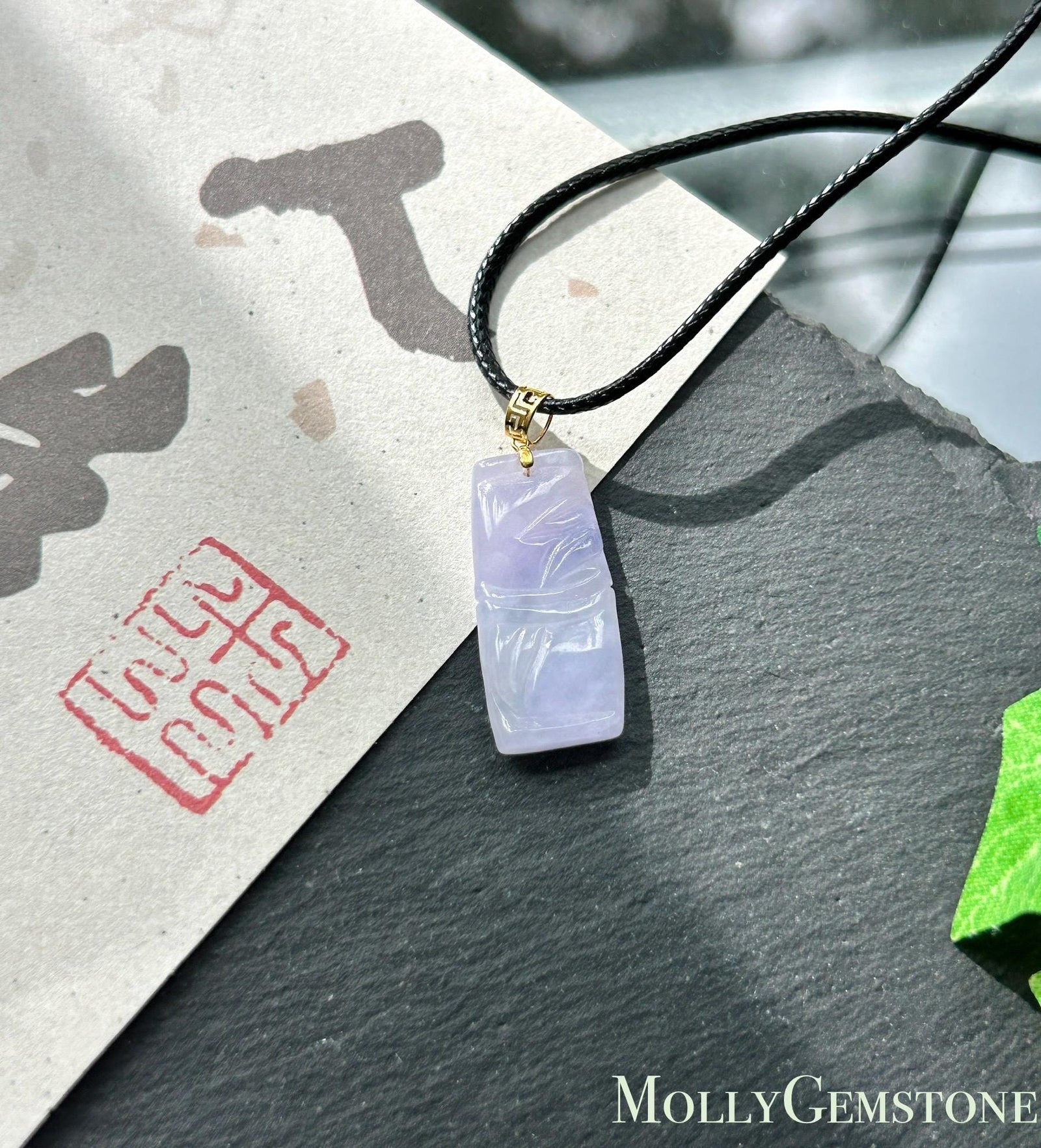 Natural Jadeite Bamboo Pendant | Burmese Type A Highly Translucent Icy Vivid Pinkish Lavender Jade, 18k Solid Gold Bail