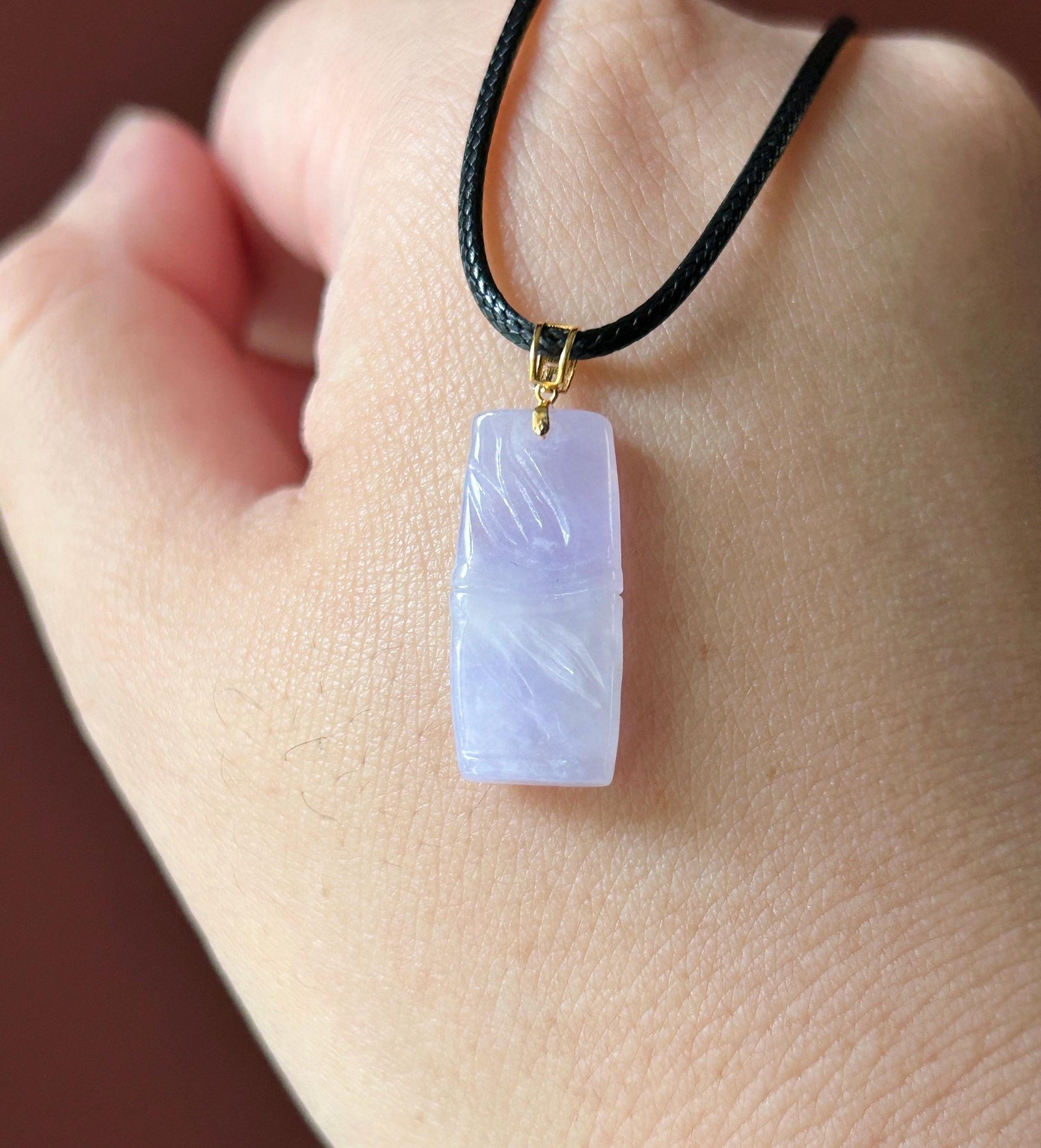 Natural Jadeite Bamboo Pendant | Burmese Type A Highly Translucent Icy Vivid Pinkish Lavender Jade, 18k Solid Gold Bail