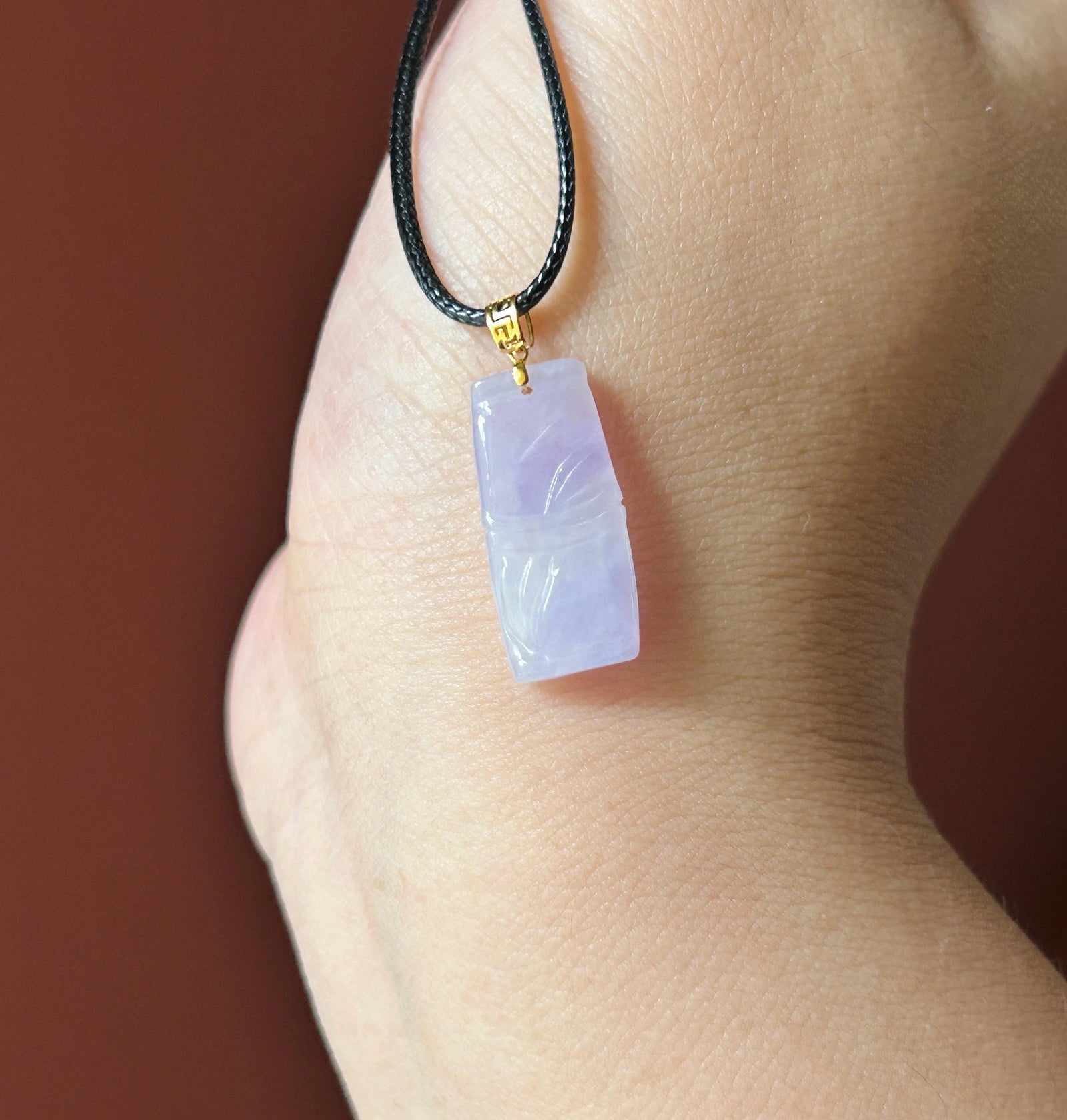 Natural Jadeite Bamboo Pendant | Burmese Type A Highly Translucent Icy Vivid Pinkish Lavender Jade, 18k Solid Gold Bail