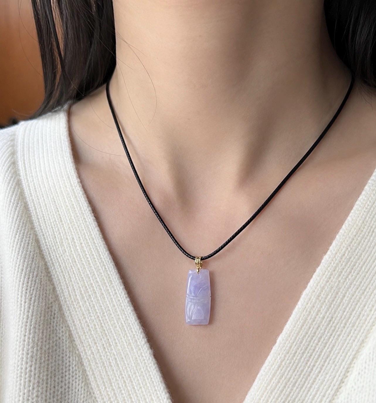 Natural Jadeite Bamboo Pendant | Burmese Type A Highly Translucent Icy Vivid Pinkish Lavender Jade, 18k Solid Gold Bail
