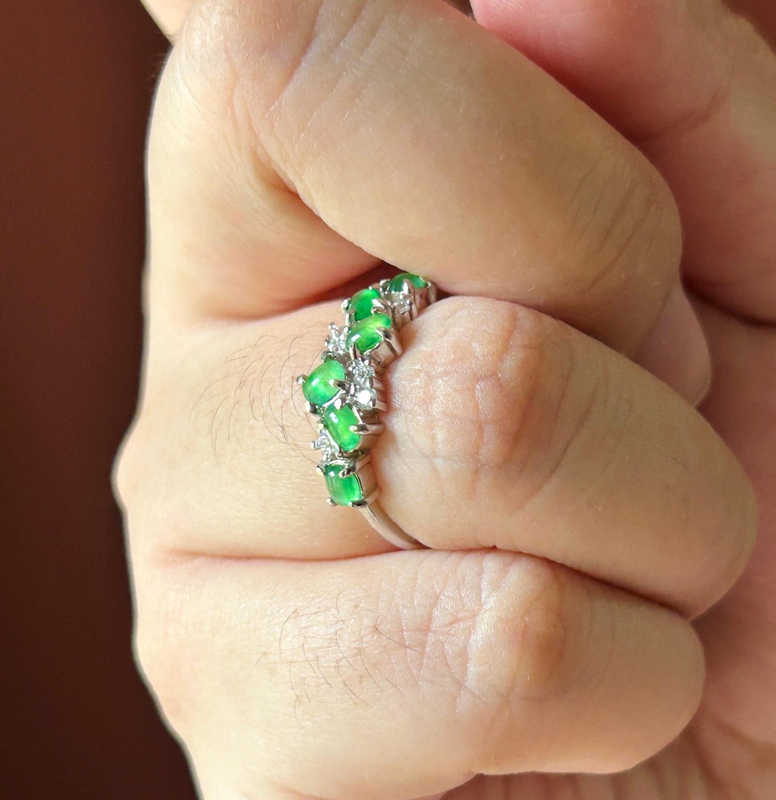 Certified Natural Jadeite Multi Cabochon Adjustable Band Ring | Burmese Type A Highly Translucent Icy Vivid Apple Green Jade Sterling Silver